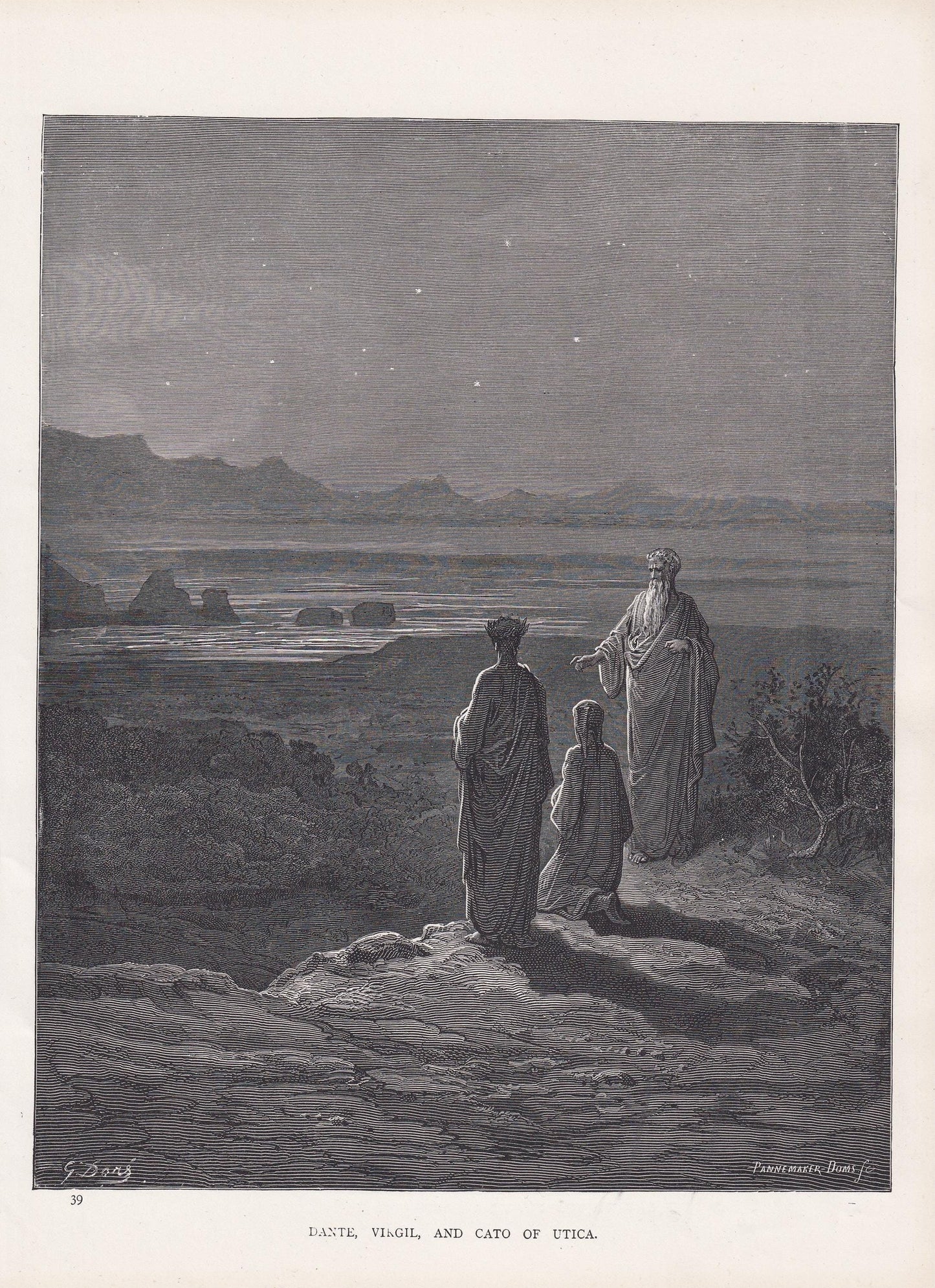 1870 GUSTAVE DORE Print - "Dante, Virgil, and Cato of Utica" - Dore Wall Art - Antique Dore Engraving - 8.5 x 12.2 Inches