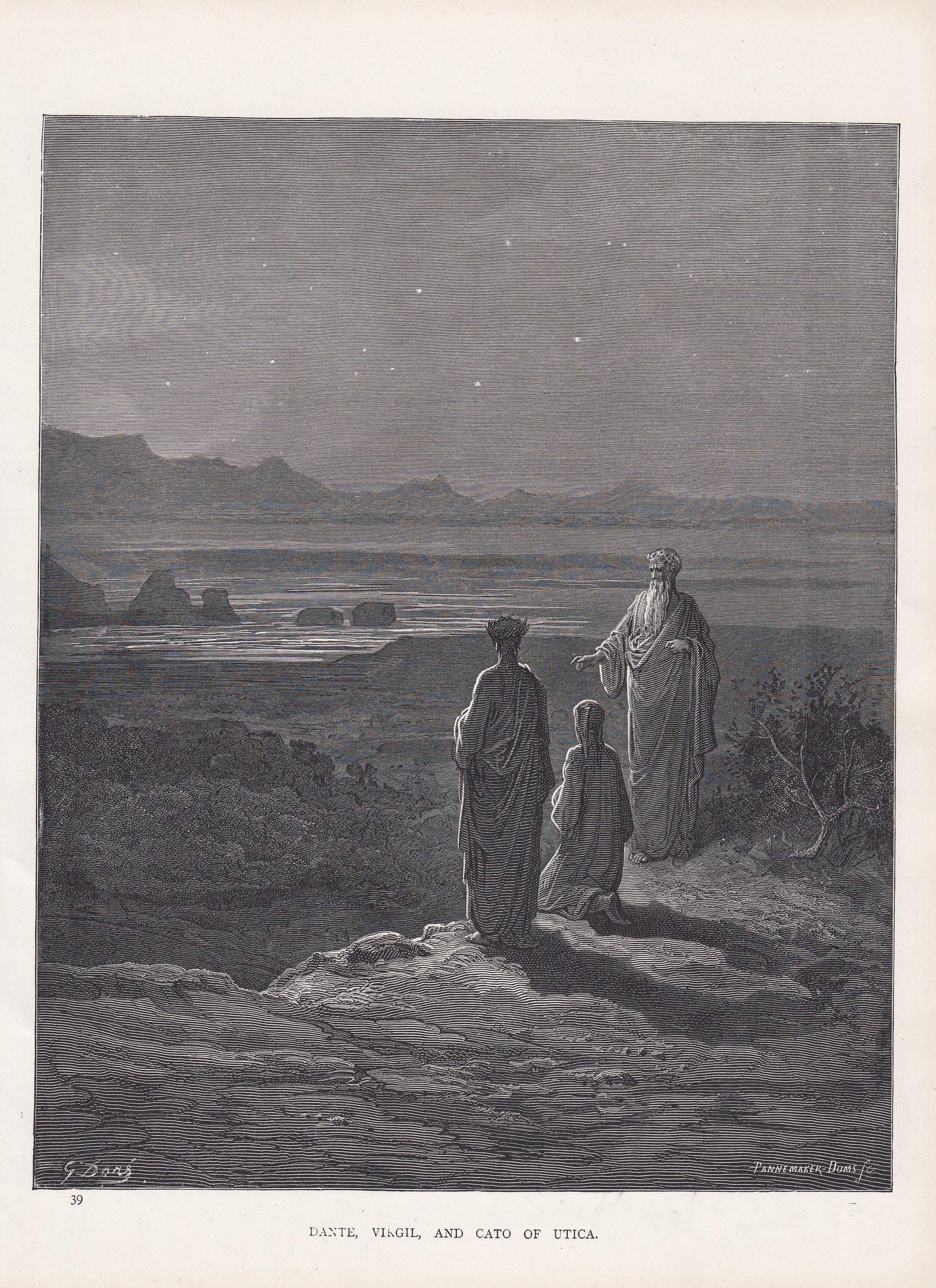 1870 GUSTAVE DORE Print - "Dante, Virgil, and Cato of Utica" - Dore Wall Art - Antique Dore Engraving - 8.5 x 12.2 Inches
