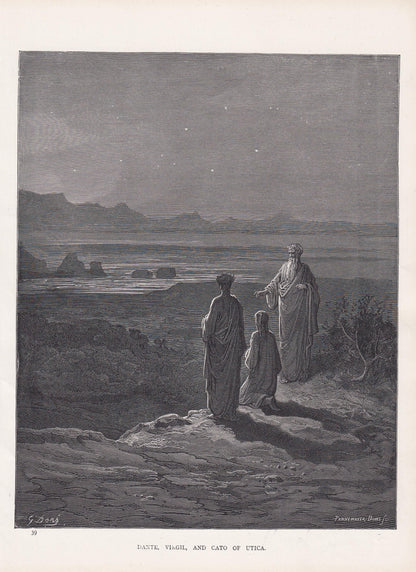 1870 GUSTAVE DORE Print - "Dante, Virgil, and Cato of Utica" - Dore Wall Art - Antique Dore Engraving - 8.5 x 12.2 Inches