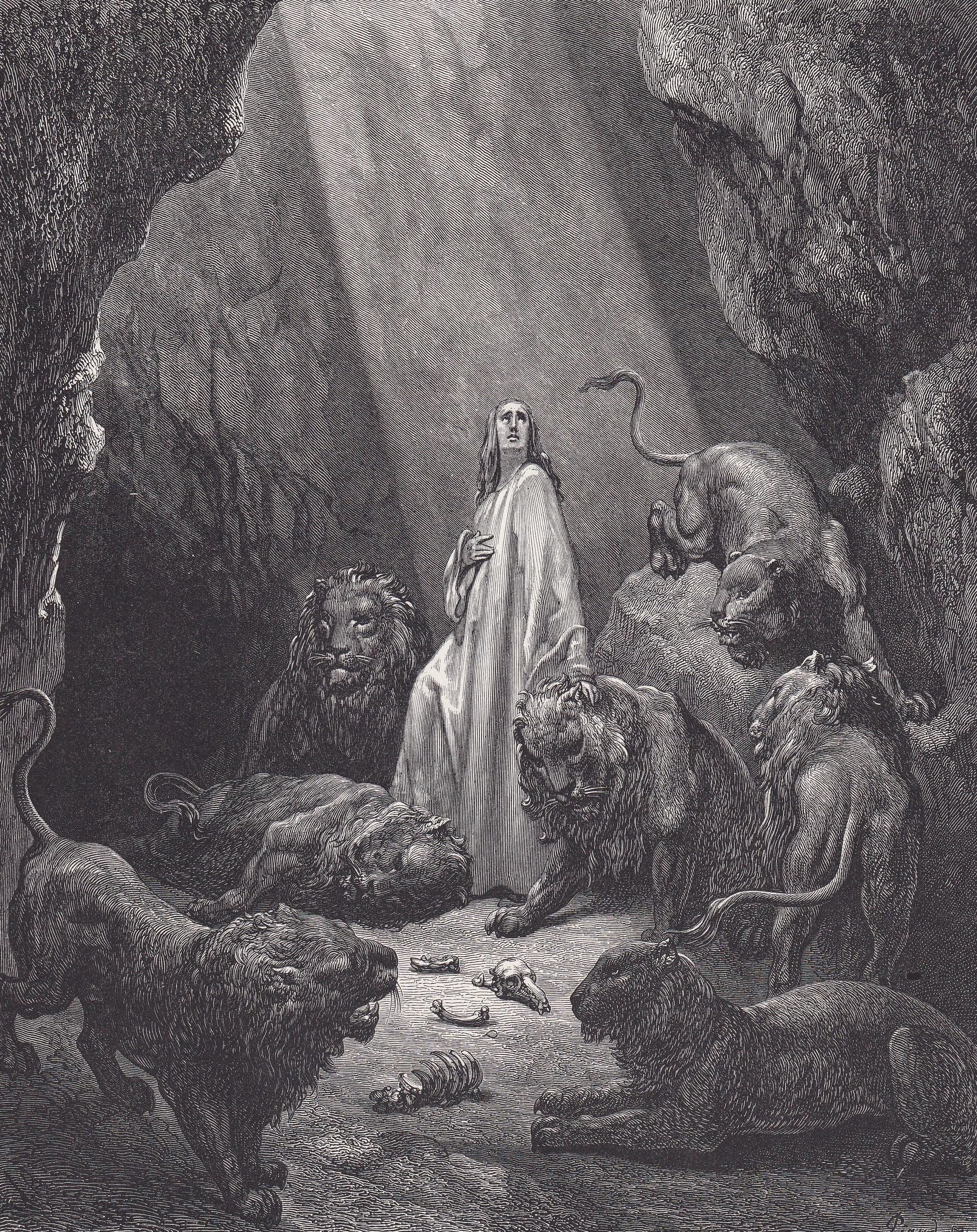 1870 GUSTAVE DORE Print - "Daniel in the Den of Lions" - Dore Wall Art - Antique Dore Engraving - 8.5 x 12.2 Inches