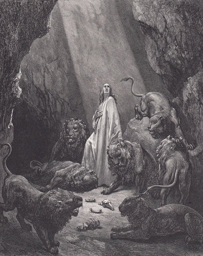 1870 GUSTAVE DORE Print - "Daniel in the Den of Lions" - Dore Wall Art - Antique Dore Engraving - 8.5 x 12.2 Inches
