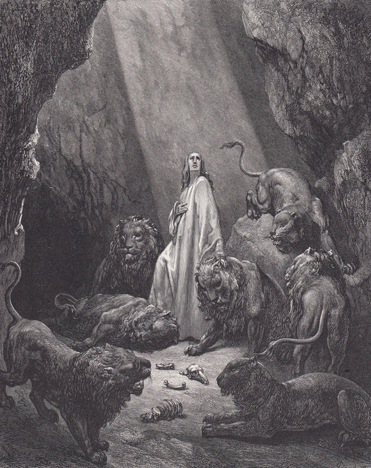 1870 GUSTAVE DORE Print - "Daniel in the Den of Lions" - Dore Wall Art - Antique Dore Engraving - 8.5 x 12.2 Inches