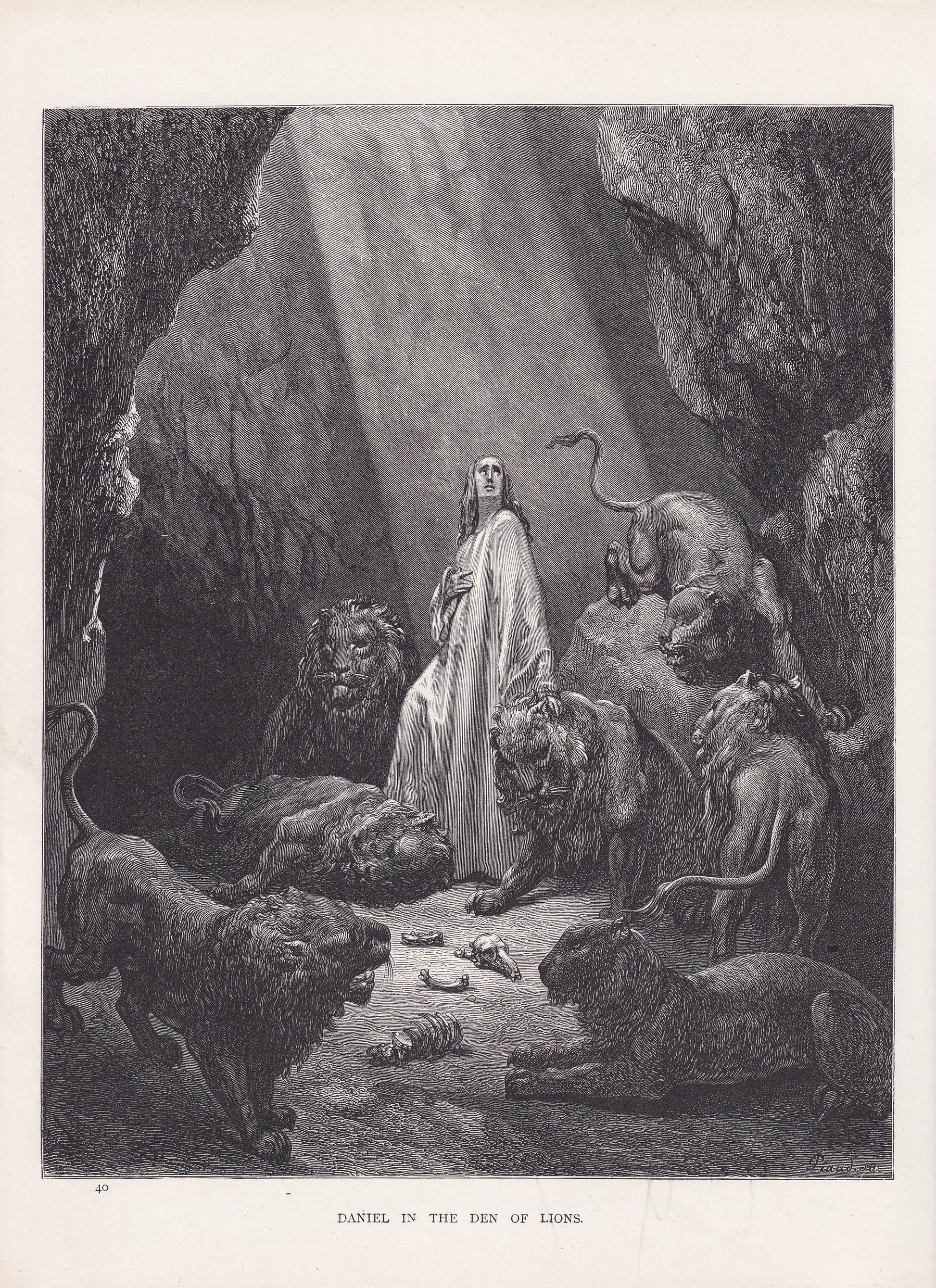1870 GUSTAVE DORE Print - "Daniel in the Den of Lions" - Dore Wall Art - Antique Dore Engraving - 8.5 x 12.2 Inches
