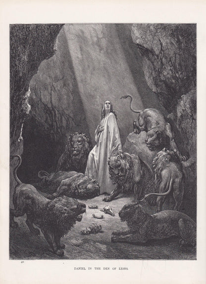 1870 GUSTAVE DORE Print - "Daniel in the Den of Lions" - Dore Wall Art - Antique Dore Engraving - 8.5 x 12.2 Inches