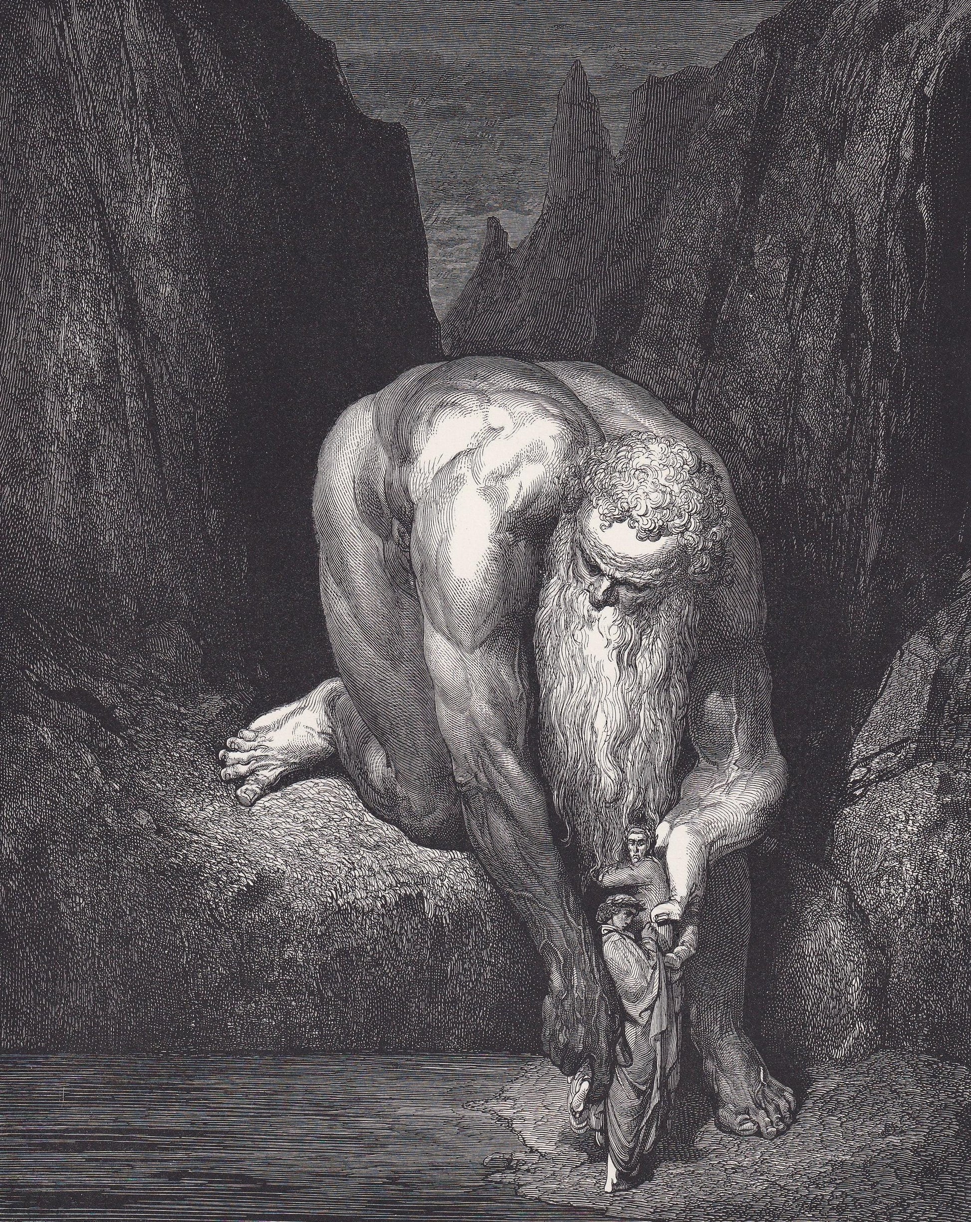 1870 GUSTAVE DORE Print - "The Giant, Antaeus" - Dore Wall Art - Antique Dore Engraving - 8.5 x 12.2 Inches