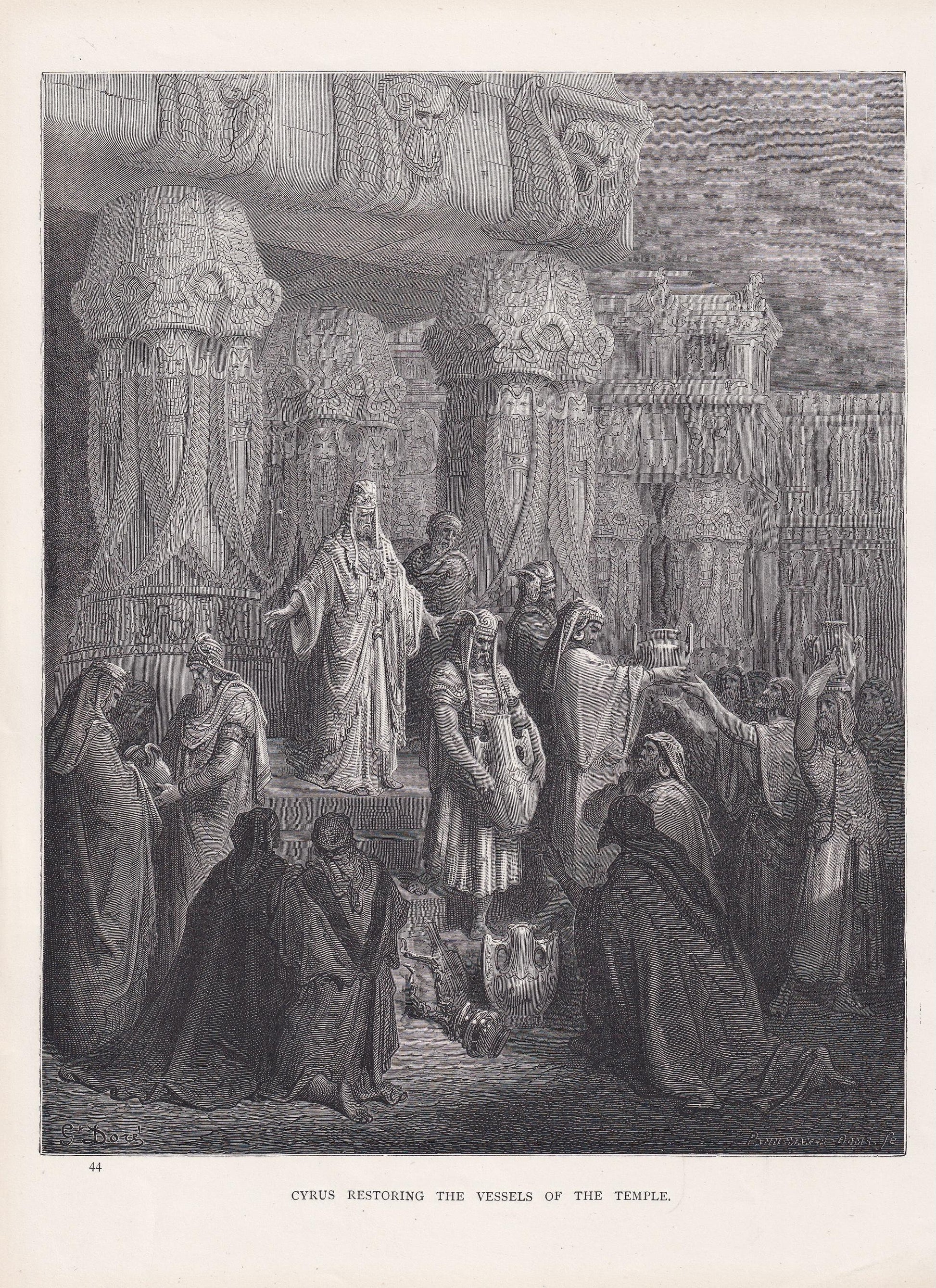 1870 GUSTAVE DORE Print - "Cyrus Restoring the Vessel's of the Temple" - Dore Wall Art - Antique Dore Engraving - 8.5 x 12.2 