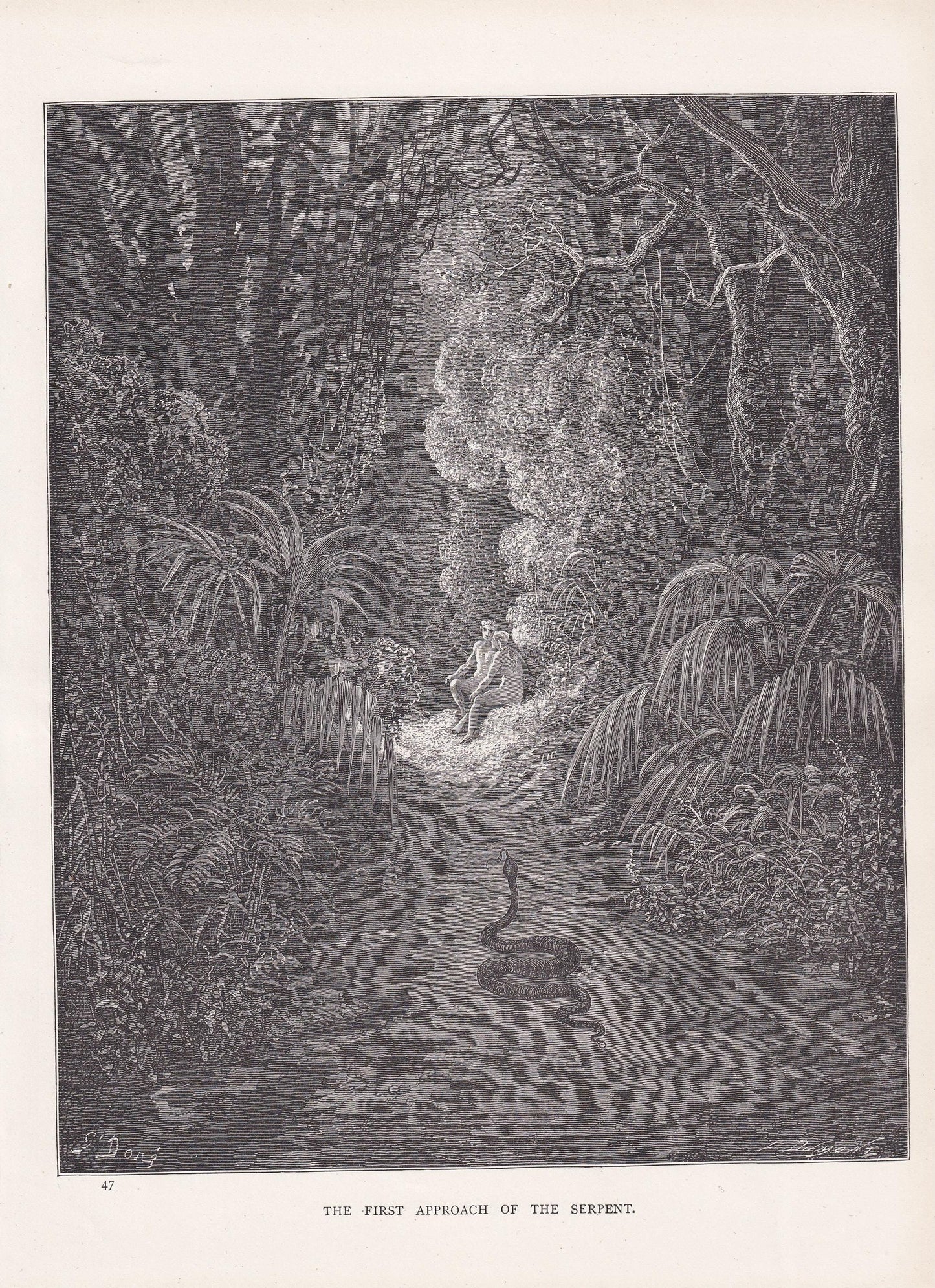 1870 GUSTAVE DORE Print - "The First Approach of the Serpent" - Garden of Eden - Dore Wall Art - Antique Dore Engraving - 8.5