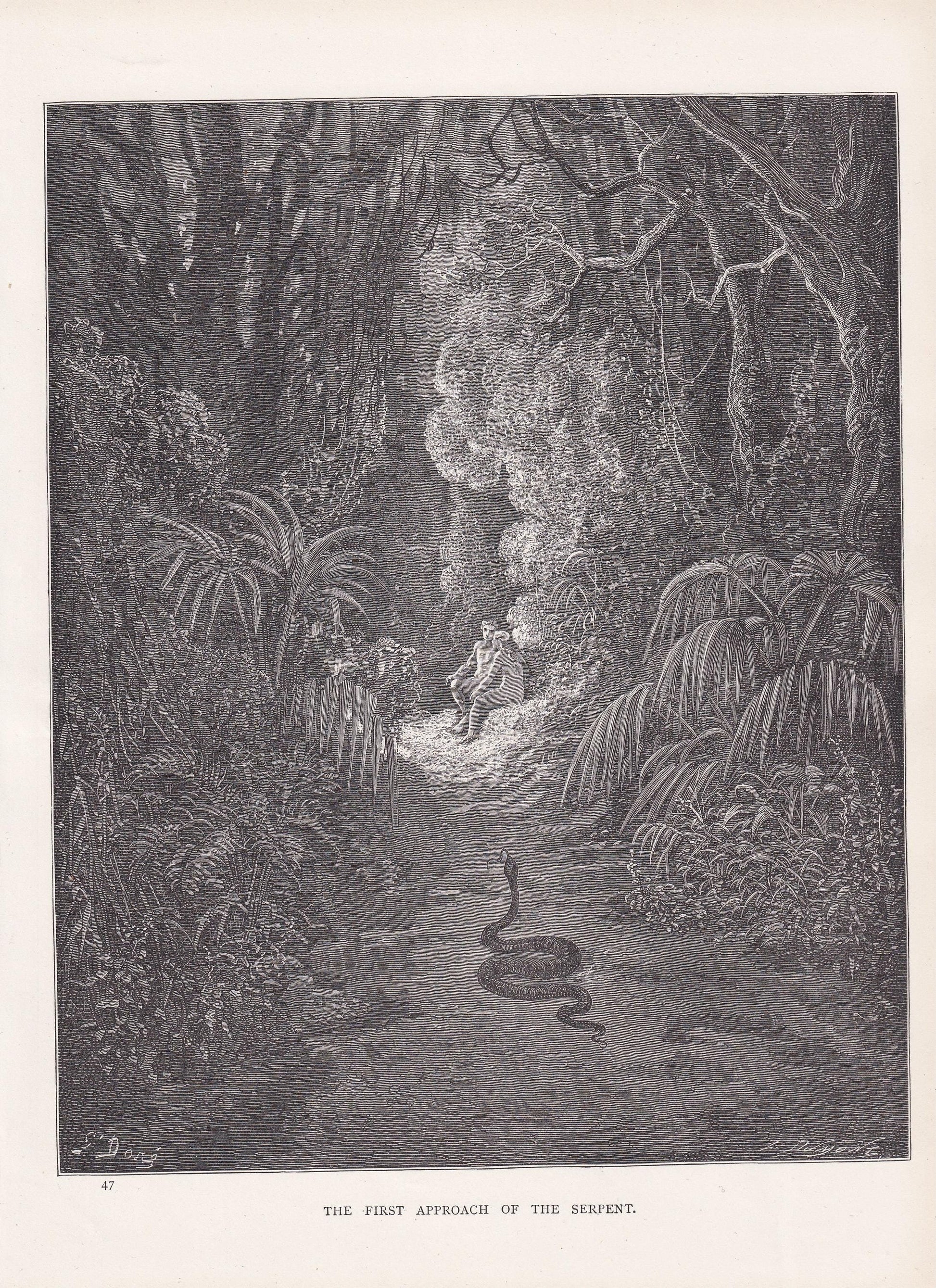1870 GUSTAVE DORE Print - "The First Approach of the Serpent" - Garden of Eden - Dore Wall Art - Antique Dore Engraving - 8.5