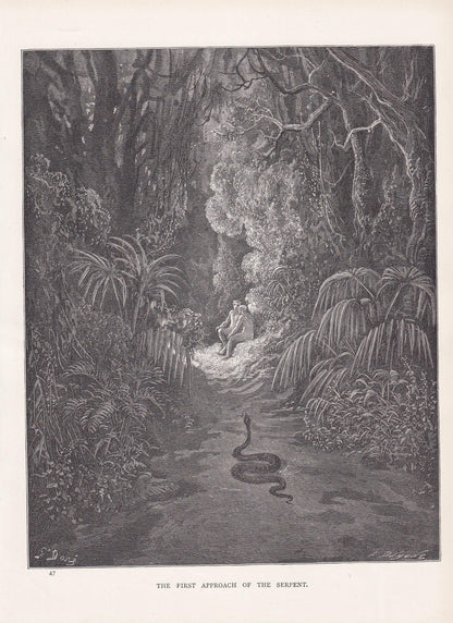 1870 GUSTAVE DORE Print - "The First Approach of the Serpent" - Garden of Eden - Dore Wall Art - Antique Dore Engraving - 8.5