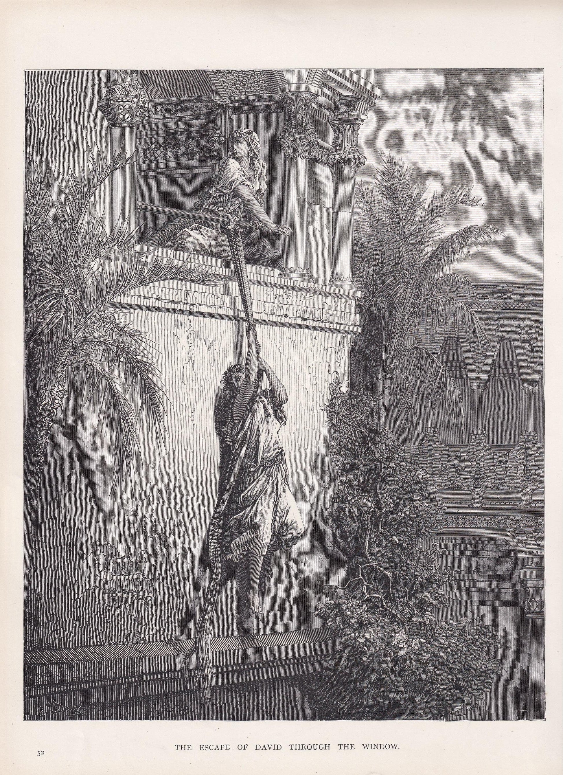 1870 GUSTAVE DORE Print - "The Escape of David Through the Window" - Dore Wall Art - Antique Dore Engraving - 8.5 x 12.2 Inch