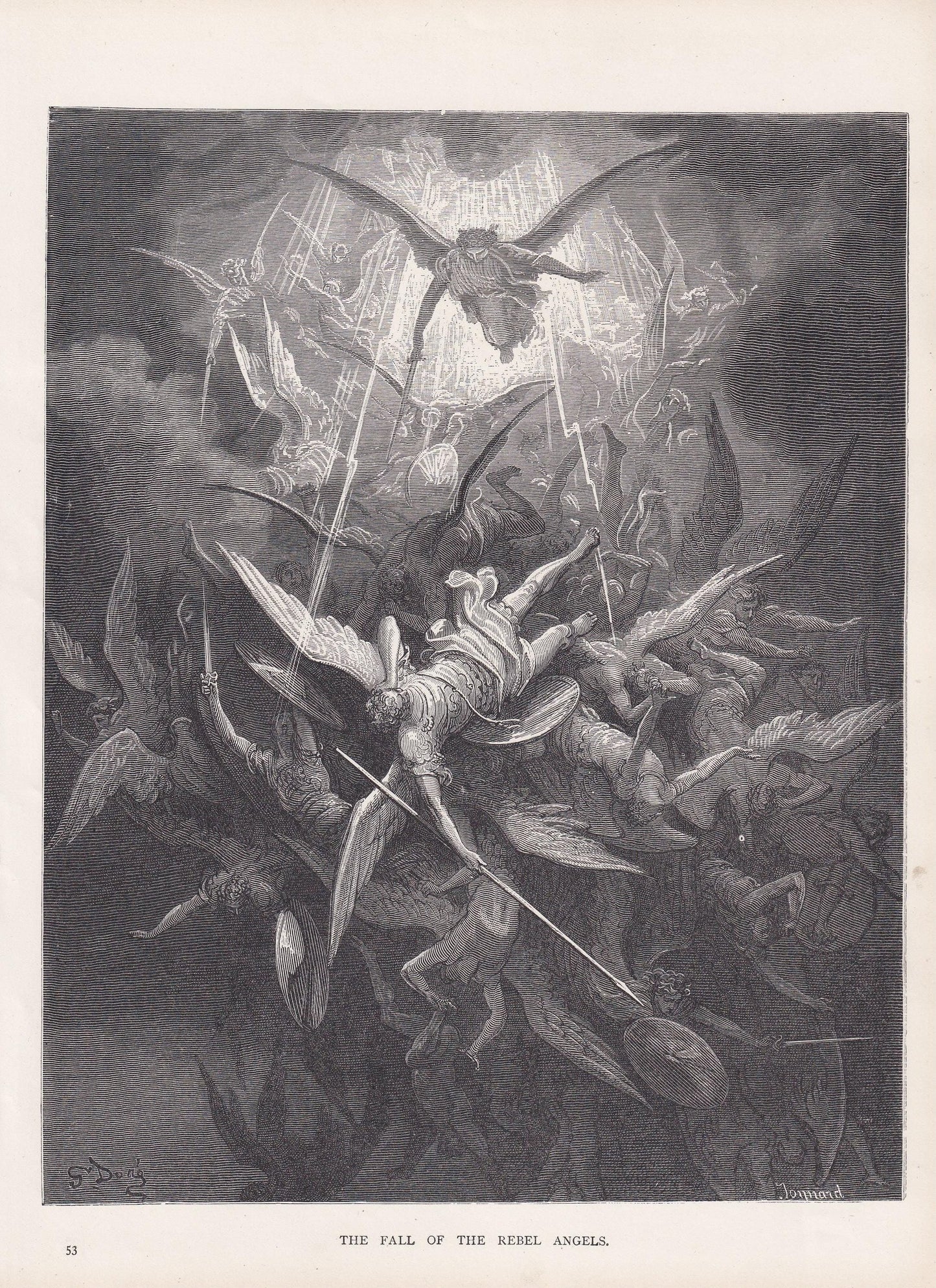 1870 GUSTAVE DORE Print - "The Fall of the Rebel Angels" - Dore Wall Art - Antique Dore Engraving - 8.5 x 12.8 Inches