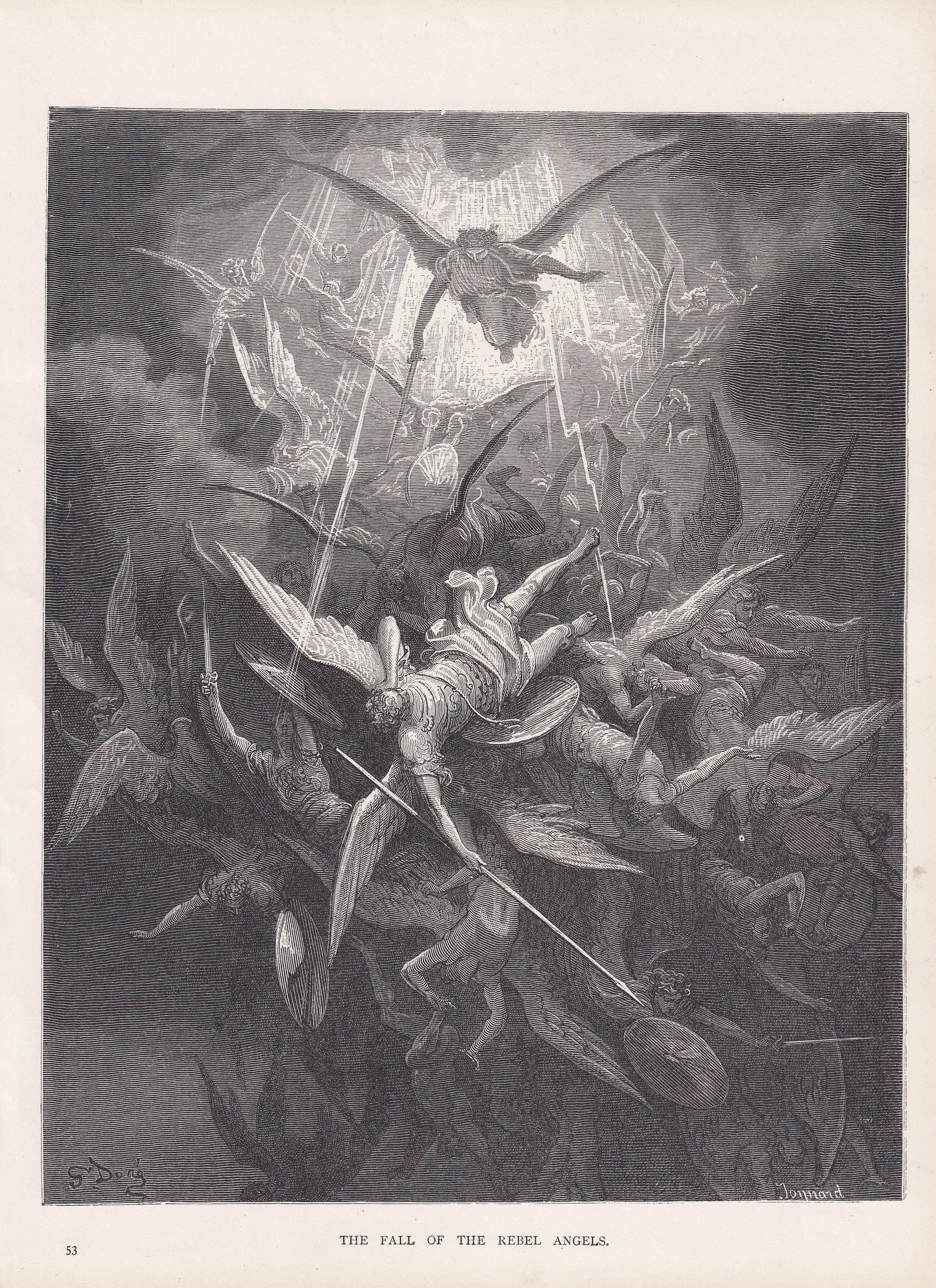 1870 GUSTAVE DORE Print - "The Fall of the Rebel Angels" - Dore Wall Art - Antique Dore Engraving - 8.5 x 12.8 Inches