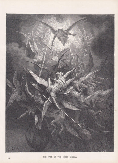 1870 GUSTAVE DORE Print - "The Fall of the Rebel Angels" - Dore Wall Art - Antique Dore Engraving - 8.5 x 12.8 Inches