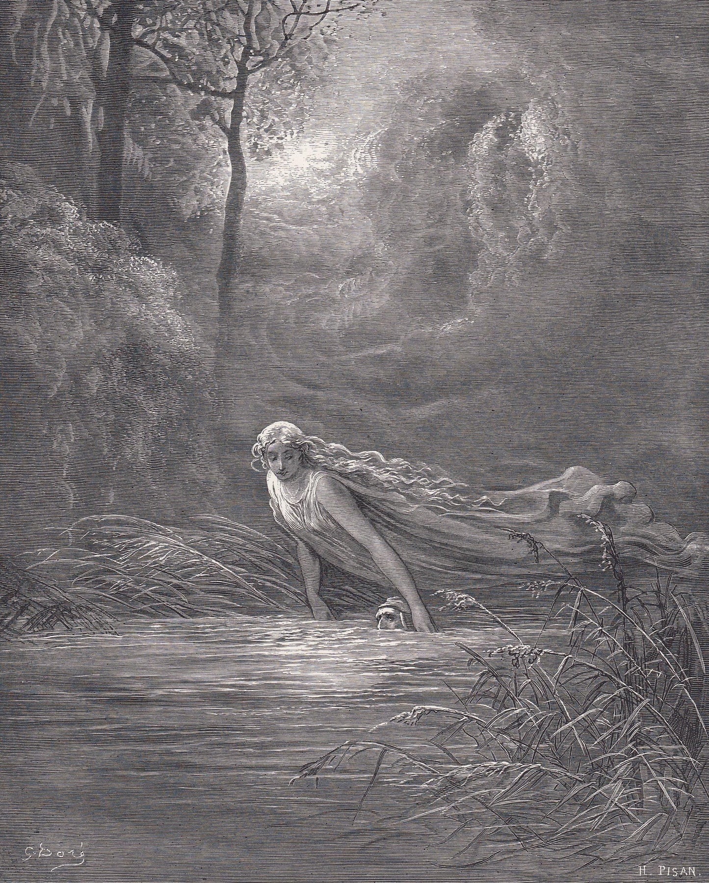 1870 GUSTAVE DORE Print - "Dante and the River of Lethe" - Dore Wall Art - Antique Dore Engraving - 8.5 x 12.2 Inches