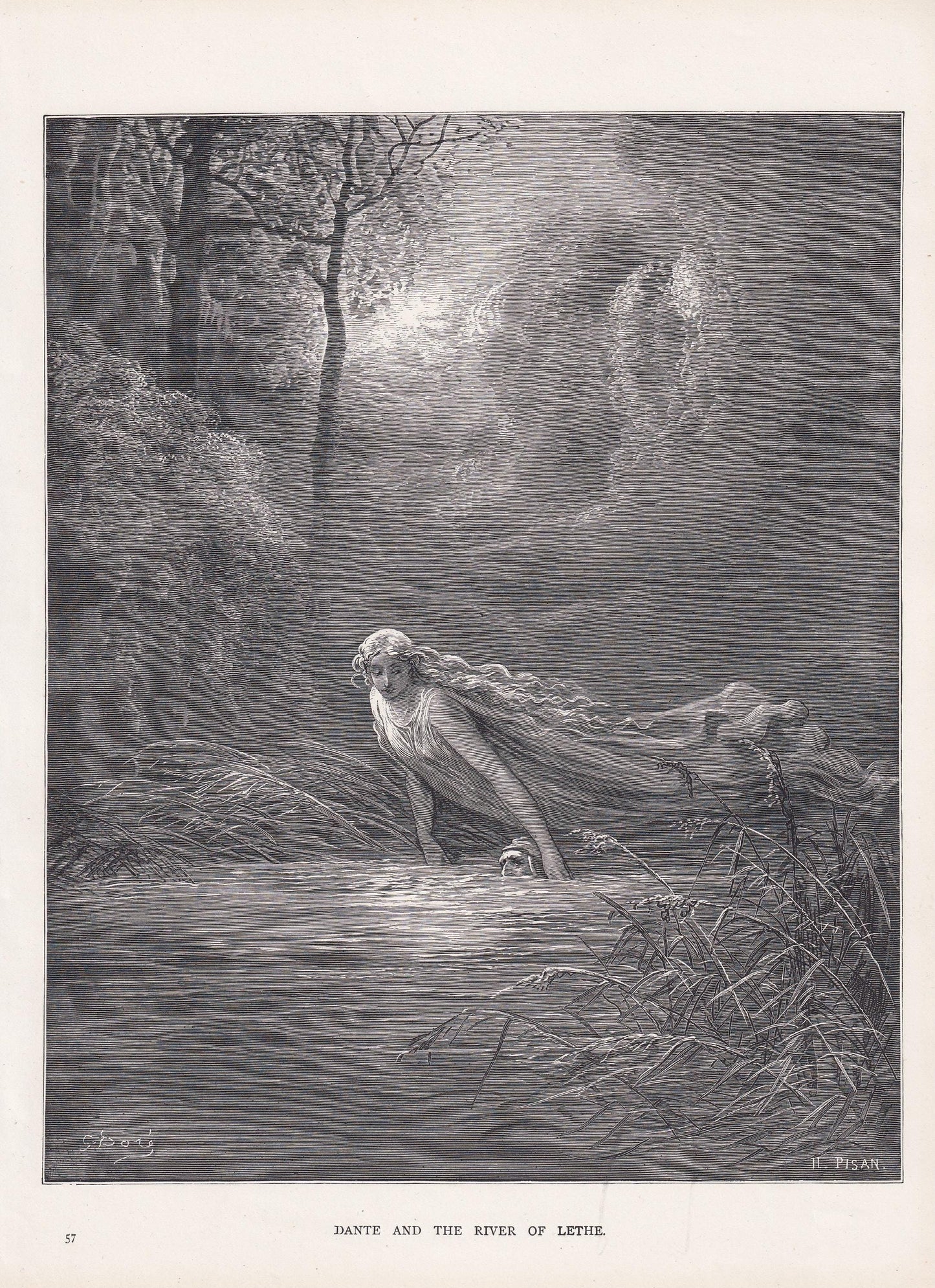 1870 GUSTAVE DORE Print - "Dante and the River of Lethe" - Dore Wall Art - Antique Dore Engraving - 8.5 x 12.2 Inches