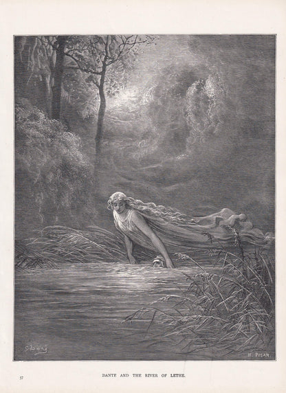 1870 GUSTAVE DORE Print - "Dante and the River of Lethe" - Dore Wall Art - Antique Dore Engraving - 8.5 x 12.2 Inches