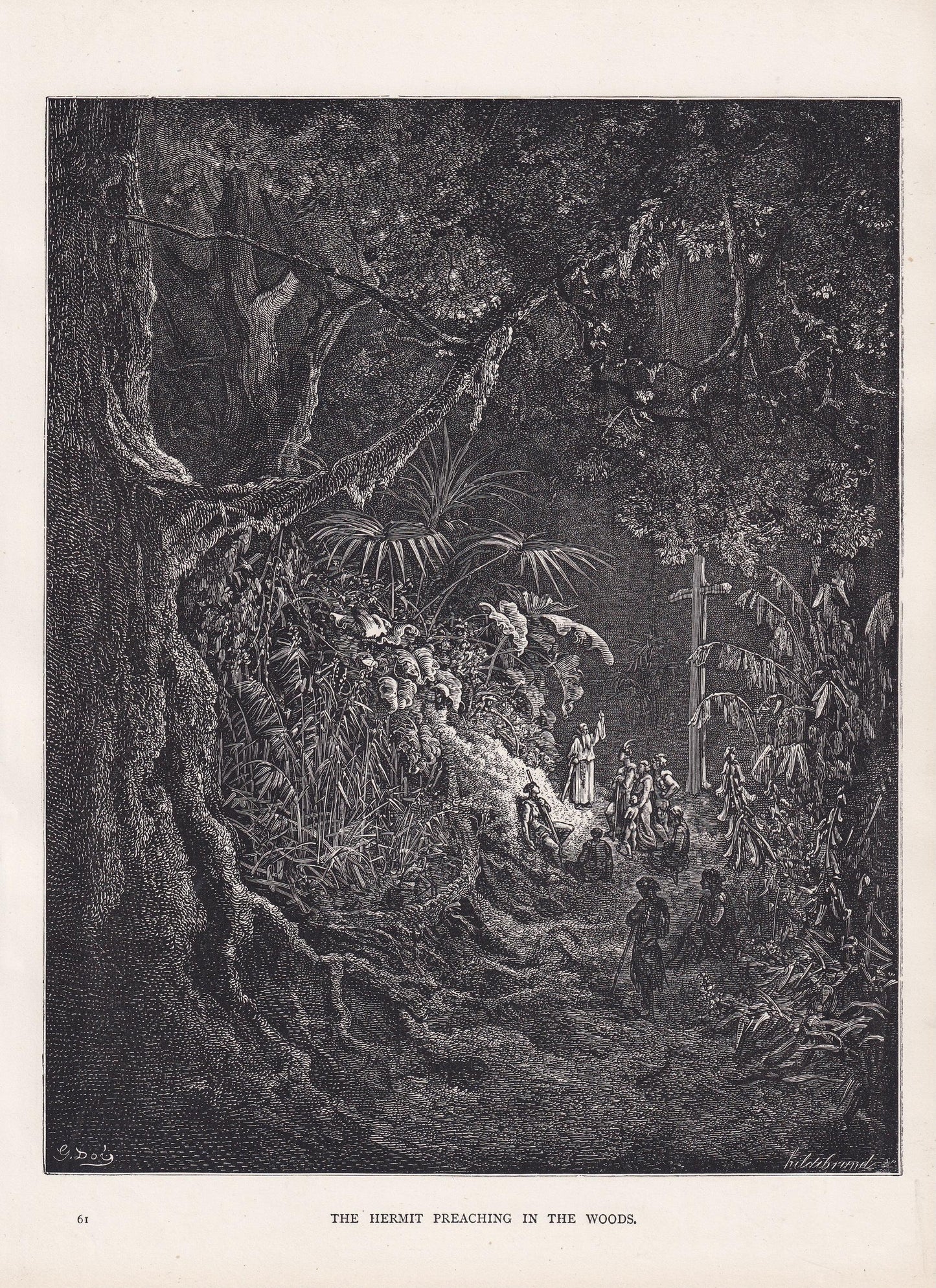 1870 GUSTAVE DORE Print - "The Hermit Preaching in the Woods" - Dore Wall Art - Antique Dore Engraving - 8.5 x 12.8 Inches