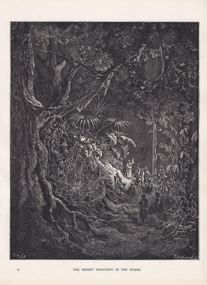 1870 GUSTAVE DORE Print - "The Hermit Preaching in the Woods" - Dore Wall Art - Antique Dore Engraving - 8.5 x 12.8 Inches