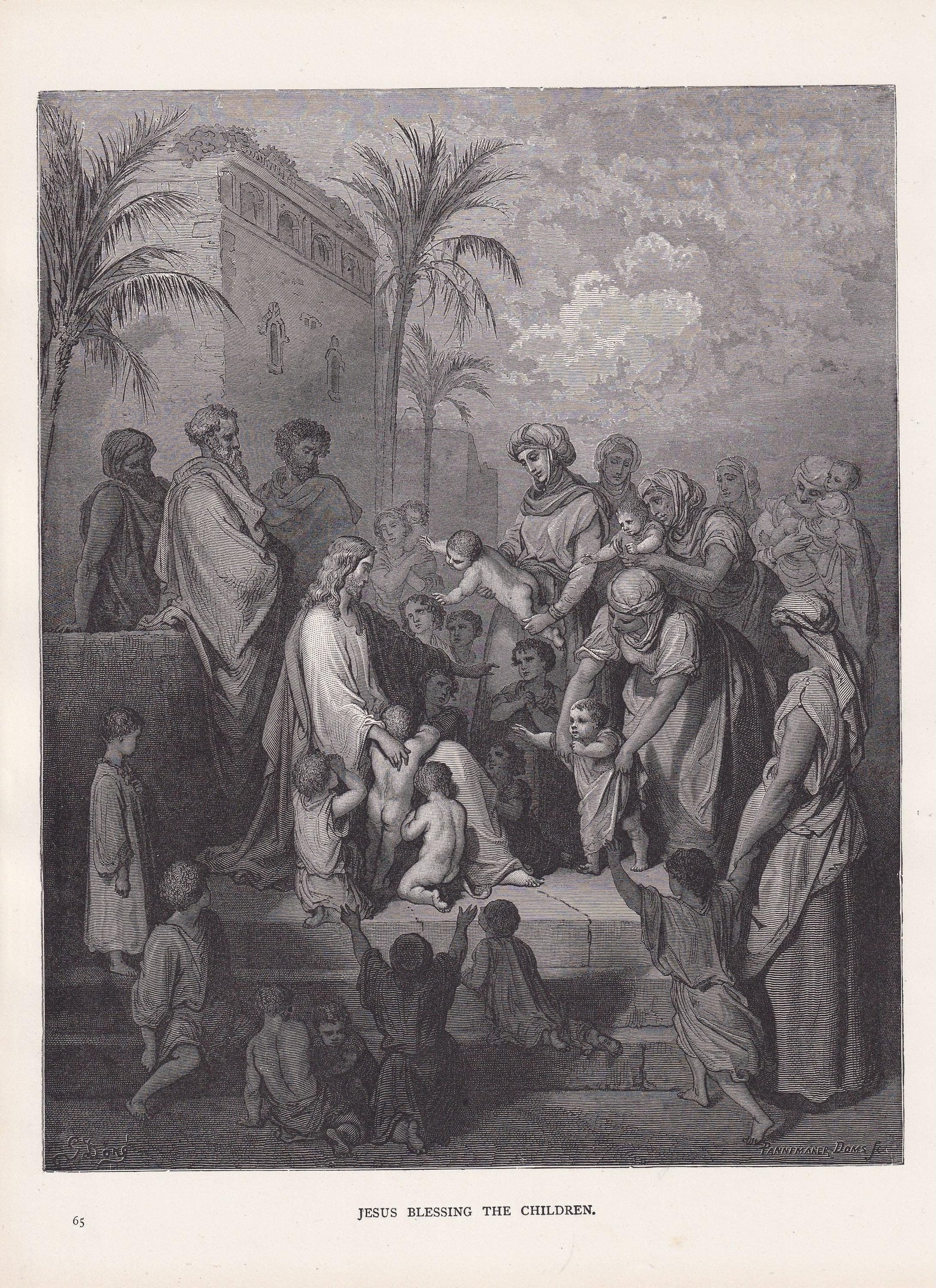1870 GUSTAVE DORE Print - "Jesus Blessing the Children" - Dore Wall Art - Antique Dore Engraving - 8.5 x 12.2 Inches