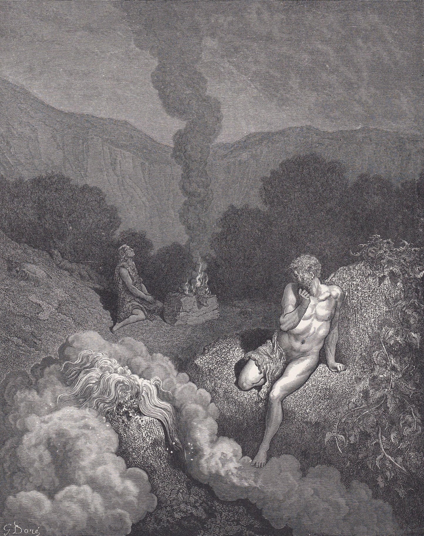 1870 GUSTAVE DORE Print - "Cain and Abel Offering their Sacrifices" - Dore Wall Art - Antique Dore Engraving - 8.5 x 12.2 Inc
