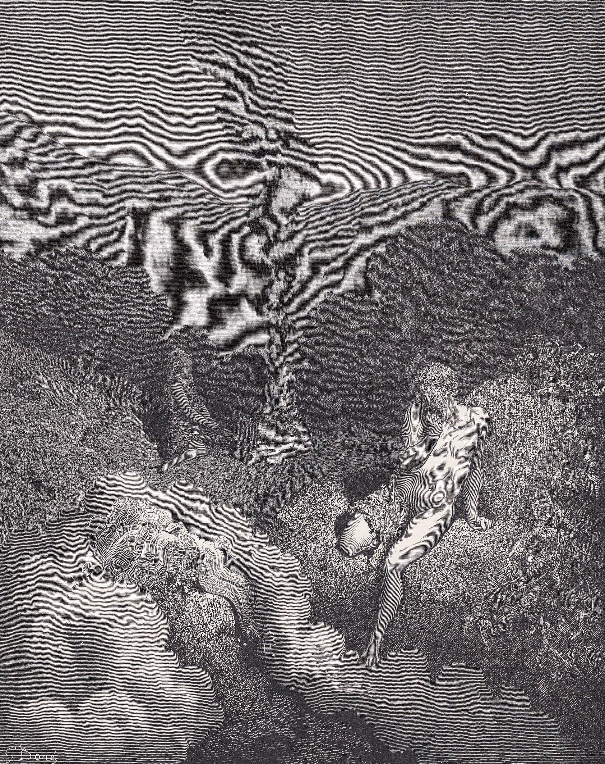 1870 GUSTAVE DORE Print - "Cain and Abel Offering their Sacrifices" - Dore Wall Art - Antique Dore Engraving - 8.5 x 12.2 Inc