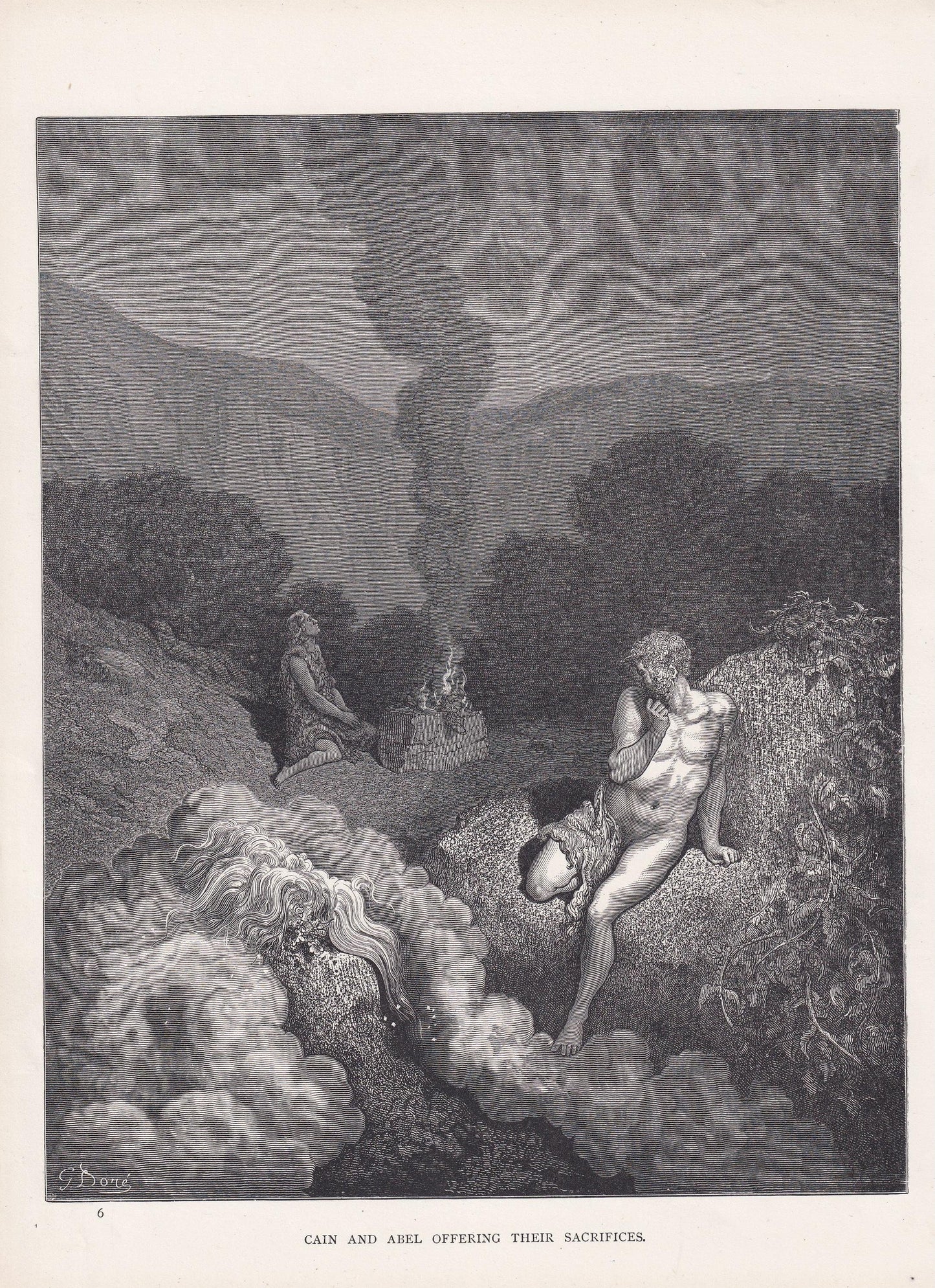 1870 GUSTAVE DORE Print - "Cain and Abel Offering their Sacrifices" - Dore Wall Art - Antique Dore Engraving - 8.5 x 12.2 Inc