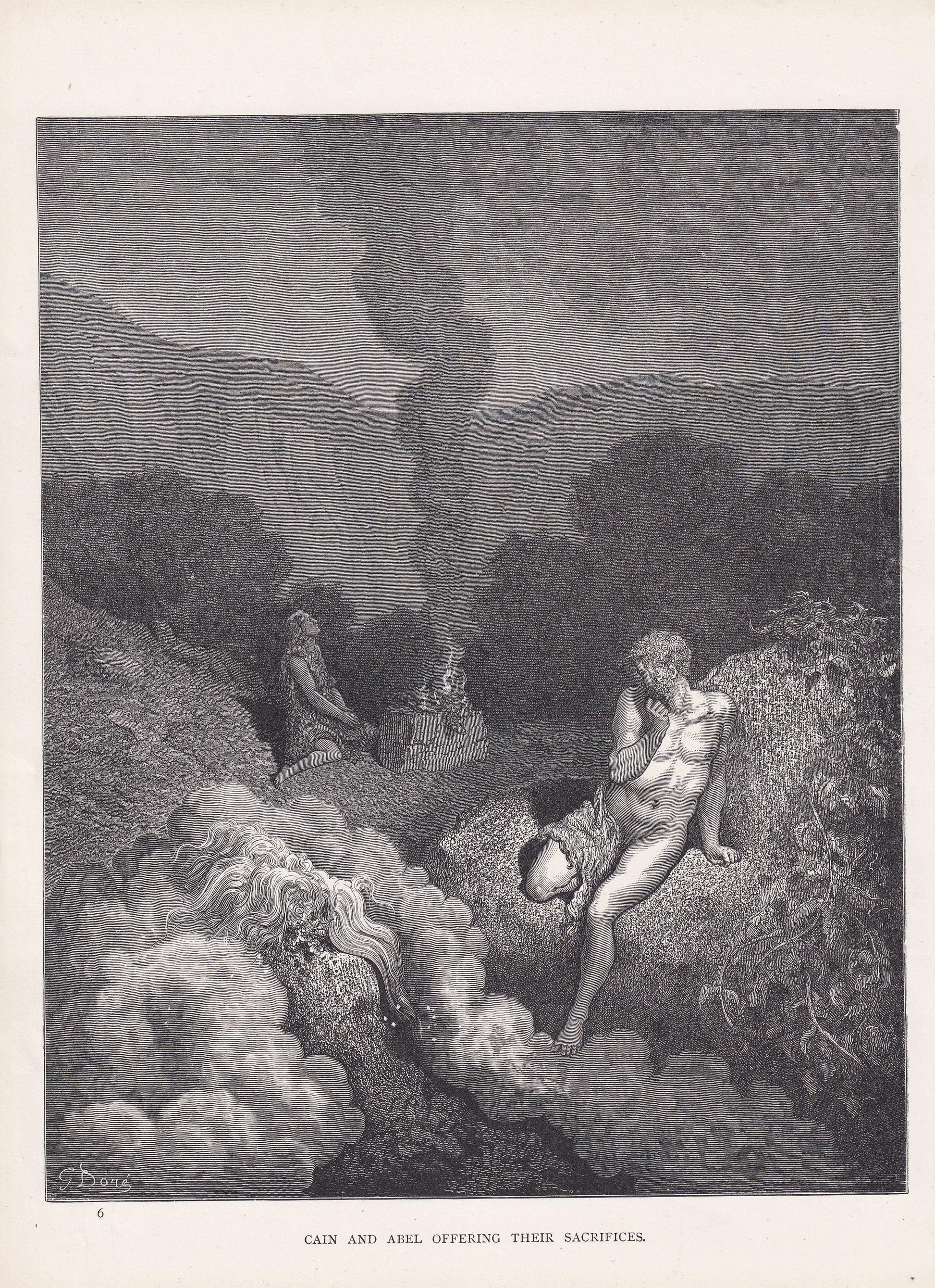 1870 GUSTAVE DORE Print - "Cain and Abel Offering their Sacrifices" - Dore Wall Art - Antique Dore Engraving - 8.5 x 12.2 Inc