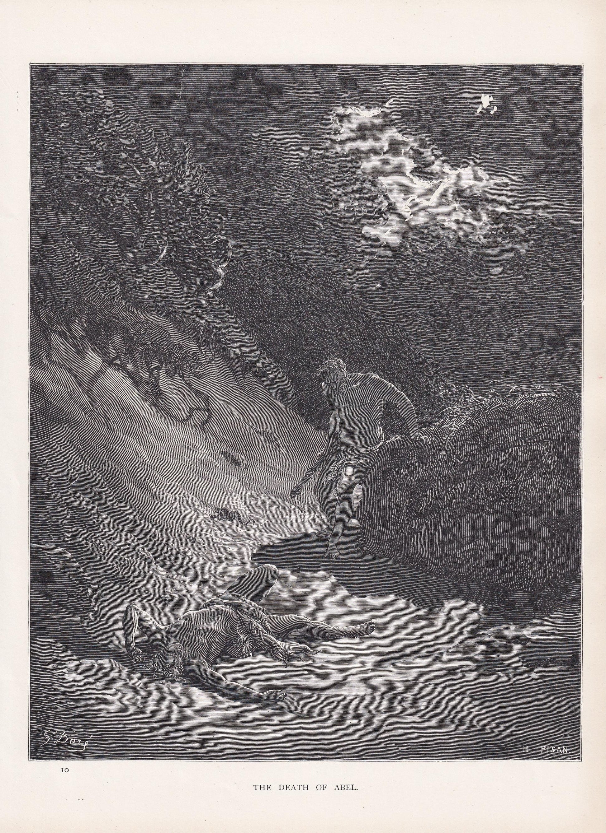 1870 GUSTAVE DORE Print - "The Death of Abel" - Cain and Abel - Dore Wall Art - Antique Dore Engraving - 8.5 x 12.2 Inches