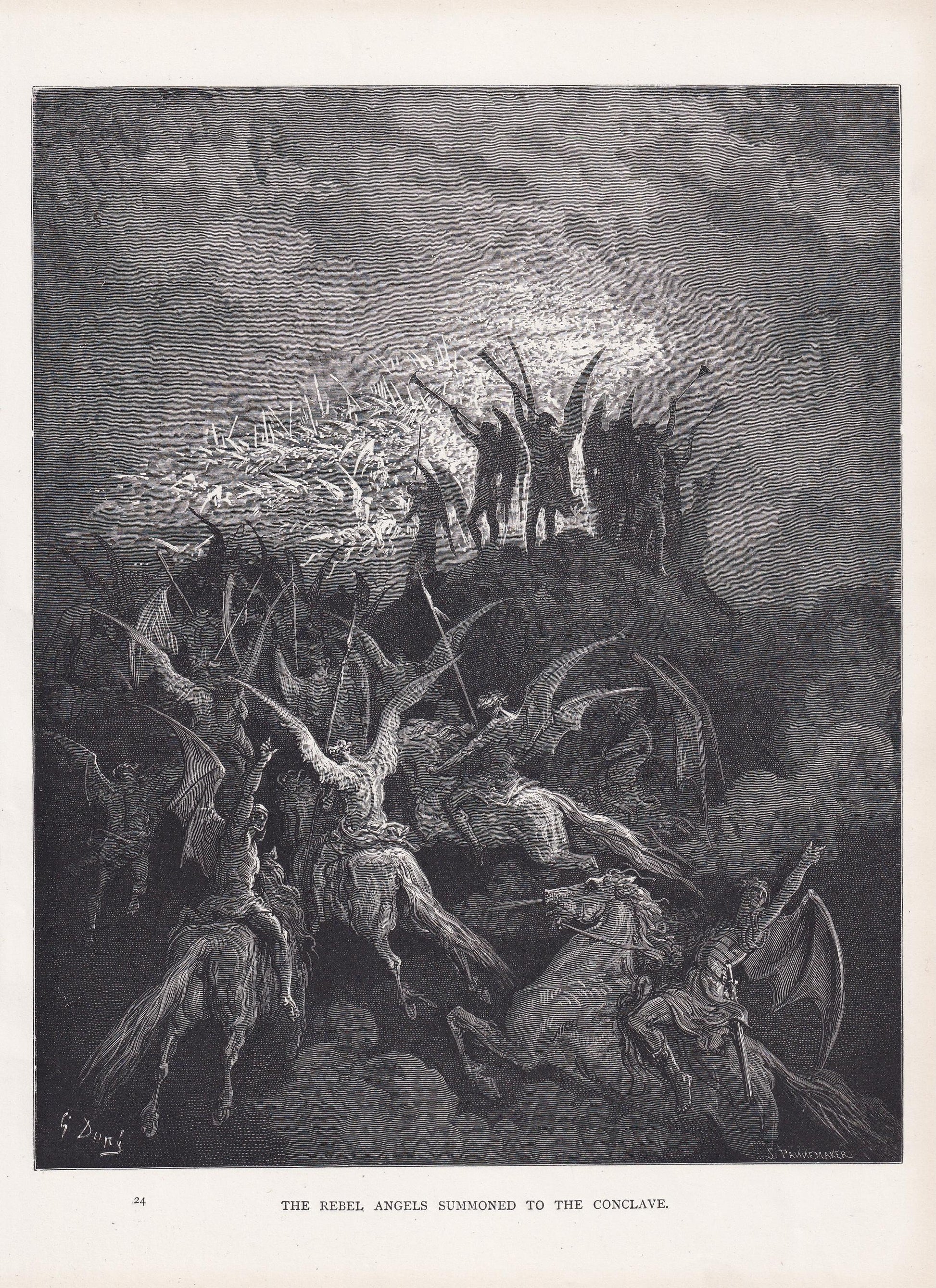 1870 GUSTAVE DORE Print - "The Rebel Angels Summoned to the Conclave" - Dore Wall Art - Antique Dore Engraving - 8.5 x 12.2 I