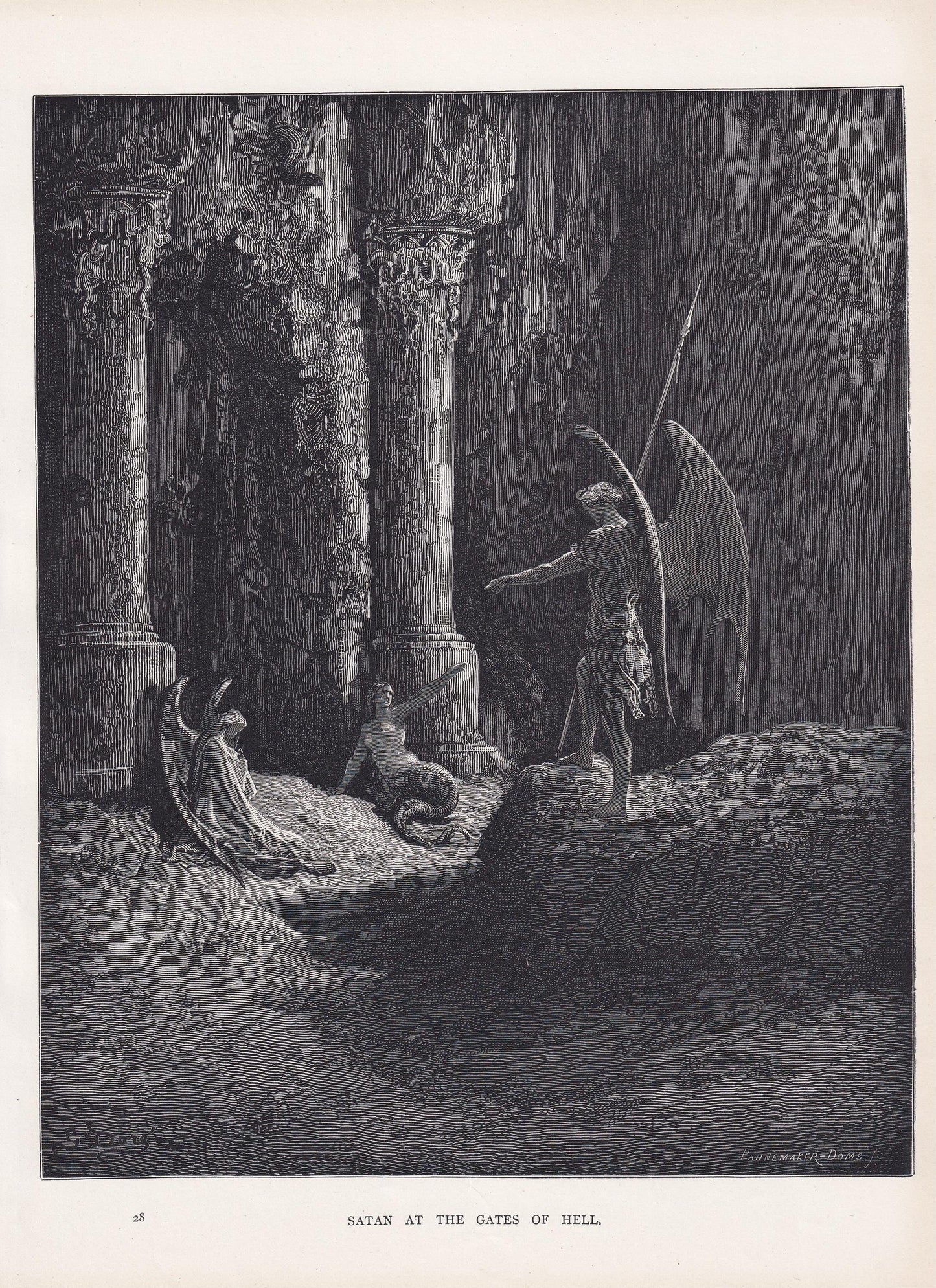 1870 GUSTAVE DORE Print - "Satan at the Gates of Hell" - Dore Wall Art - Antique Dore Engraving - 8.5 x 12.2 Inches