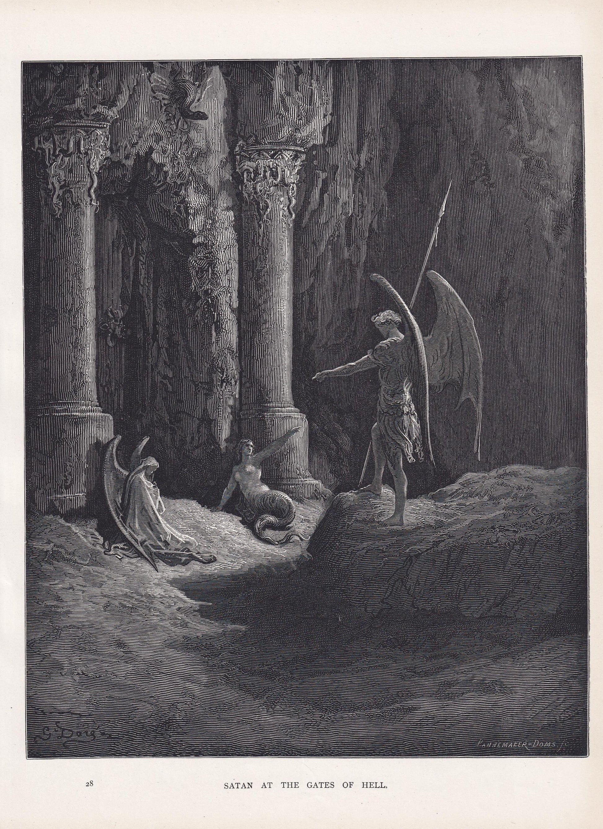 1870 GUSTAVE DORE Print - "Satan at the Gates of Hell" - Dore Wall Art - Antique Dore Engraving - 8.5 x 12.2 Inches