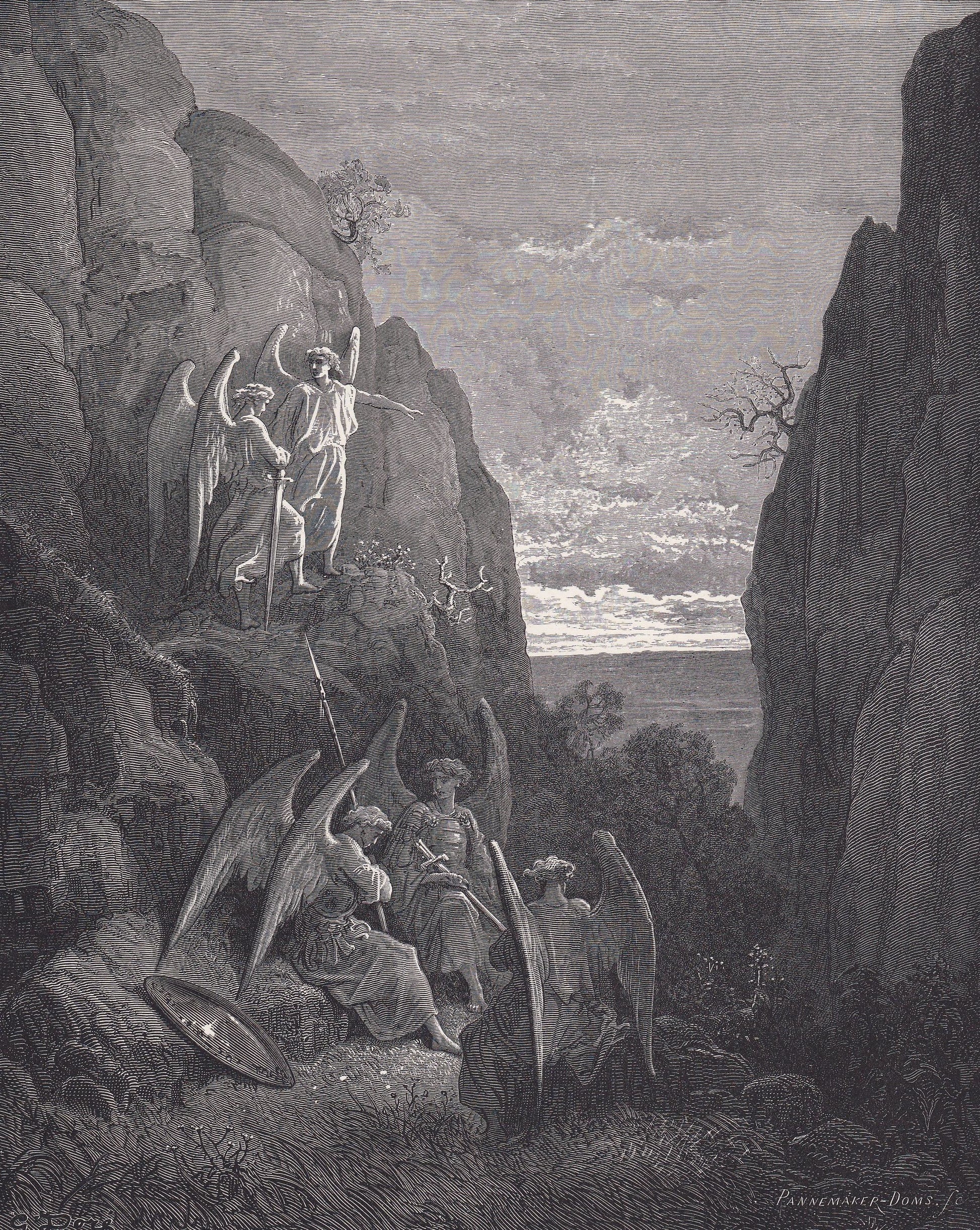 1870 GUSTAVE DORE Print - "Ariel's Charge to Gabriel" - Angel - Dore Wall Art - Antique Dore Engraving - 8.5 x 12.2 Inches