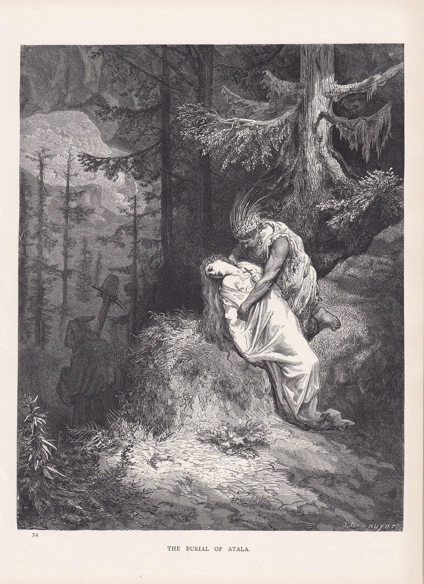 1870 GUSTAVE DORE Print - "The Burial of Atala" - Dore Wall Art - Antique Dore Engraving - 8.5 x 12.2 Inches