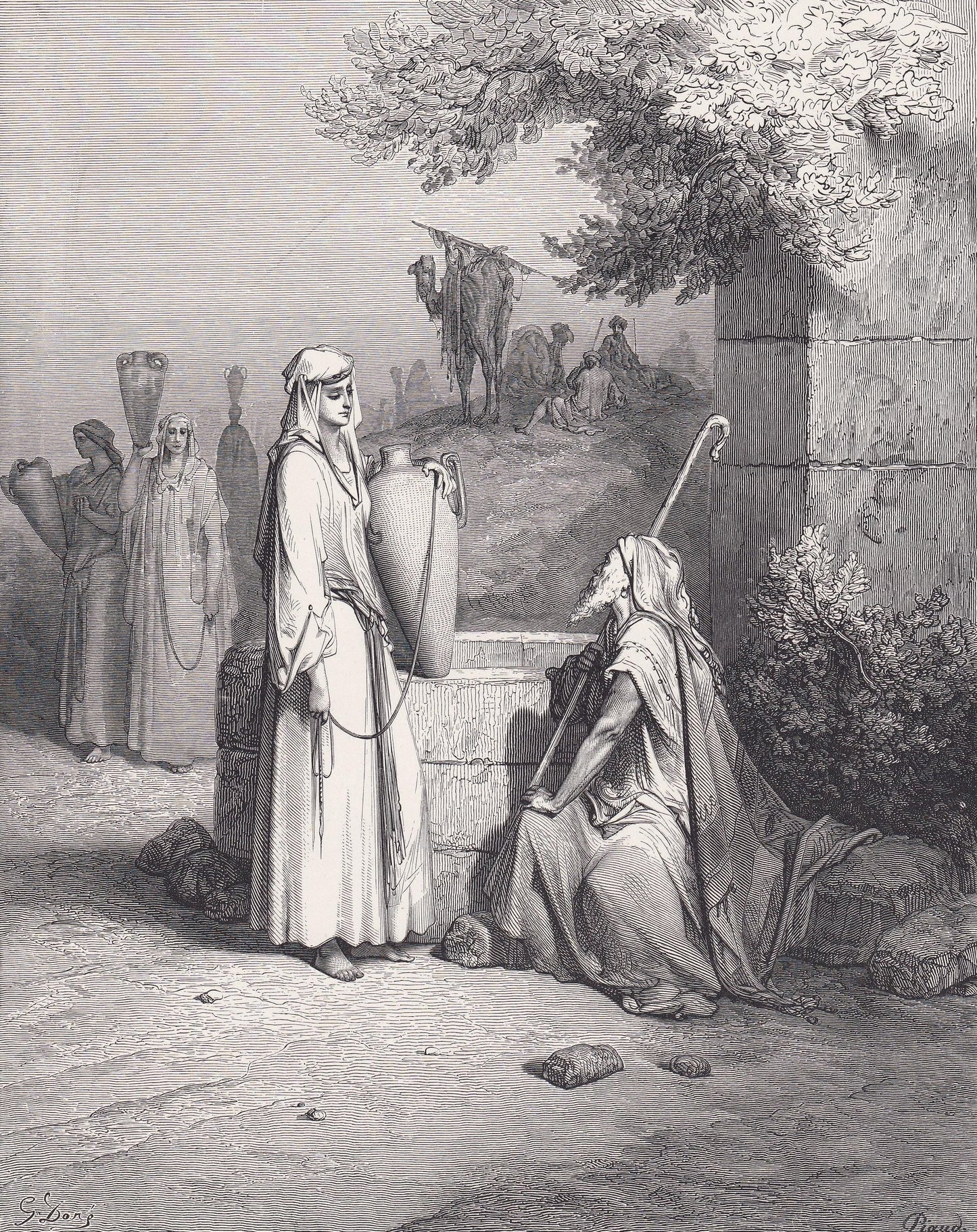 1870 GUSTAVE DORE Print - "Eliezer and Rebekah" - Dore Wall Art - Antique Dore Engraving - 8.5 x 12.2 Inches