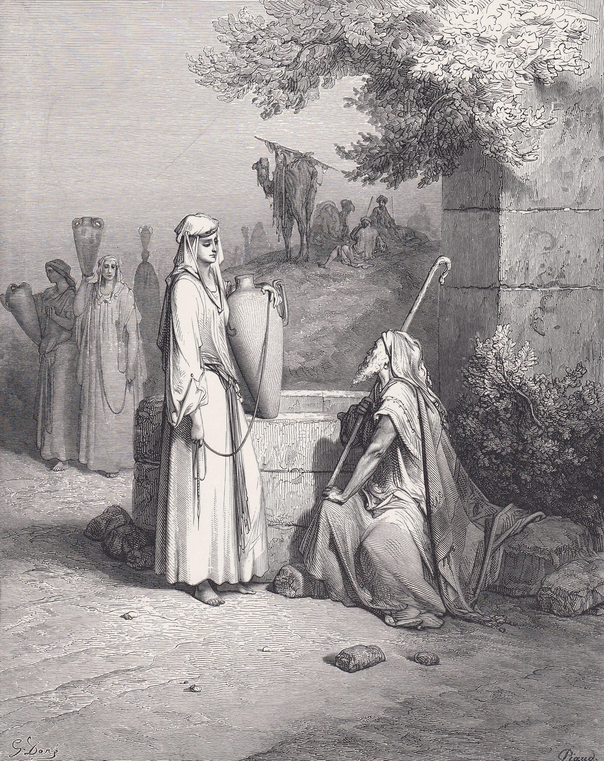 1870 GUSTAVE DORE Print - "Eliezer and Rebekah" - Dore Wall Art - Antique Dore Engraving - 8.5 x 12.2 Inches