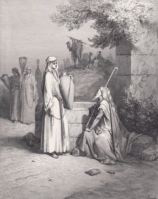 1870 GUSTAVE DORE Print - "Eliezer and Rebekah" - Dore Wall Art - Antique Dore Engraving - 8.5 x 12.2 Inches