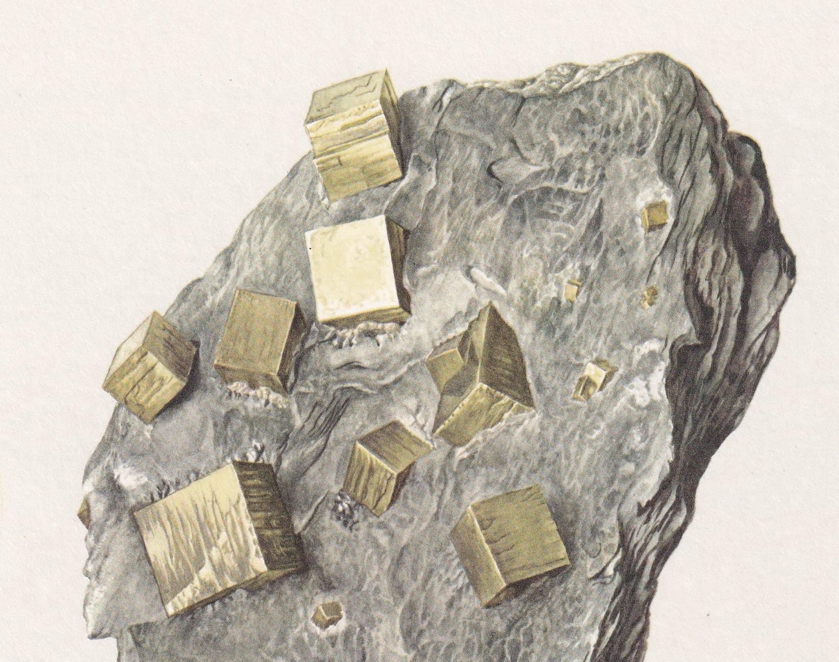 1968 PYRITE Print - Mineral Wall Art Gift - Mineralogy Decor - Precious Stones - Vintage Rock Art - Element - 7.5 x 10.6 Inches