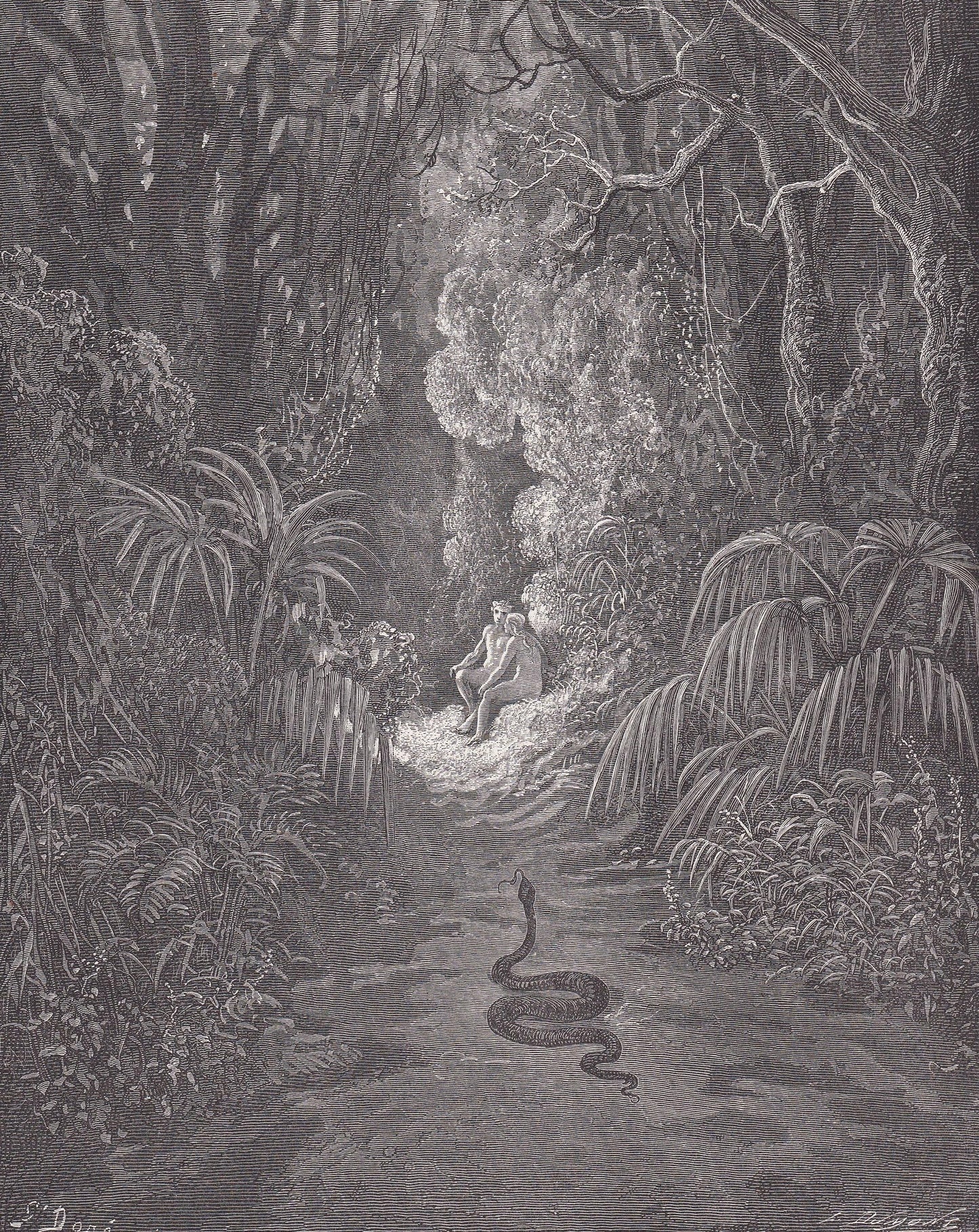 1870 GUSTAVE DORE Print - "The First Approach of the Serpent" - Garden of Eden - Dore Wall Art - Antique Dore Engraving - 8.5