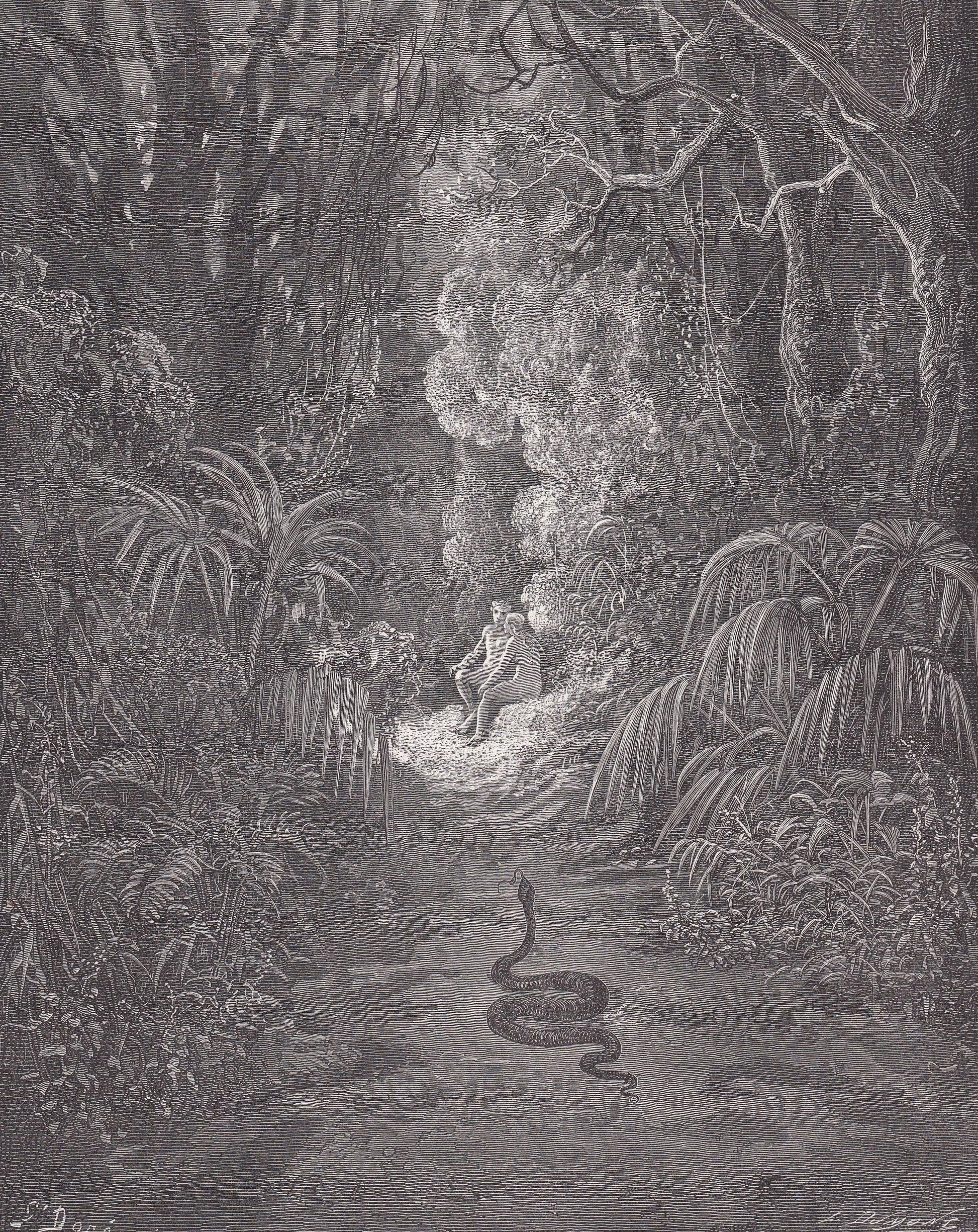 1870 GUSTAVE DORE Print - "The First Approach of the Serpent" - Garden of Eden - Dore Wall Art - Antique Dore Engraving - 8.5