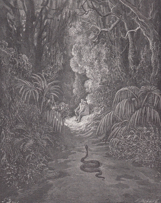 1870 GUSTAVE DORE Print - "The First Approach of the Serpent" - Garden of Eden - Dore Wall Art - Antique Dore Engraving - 8.5