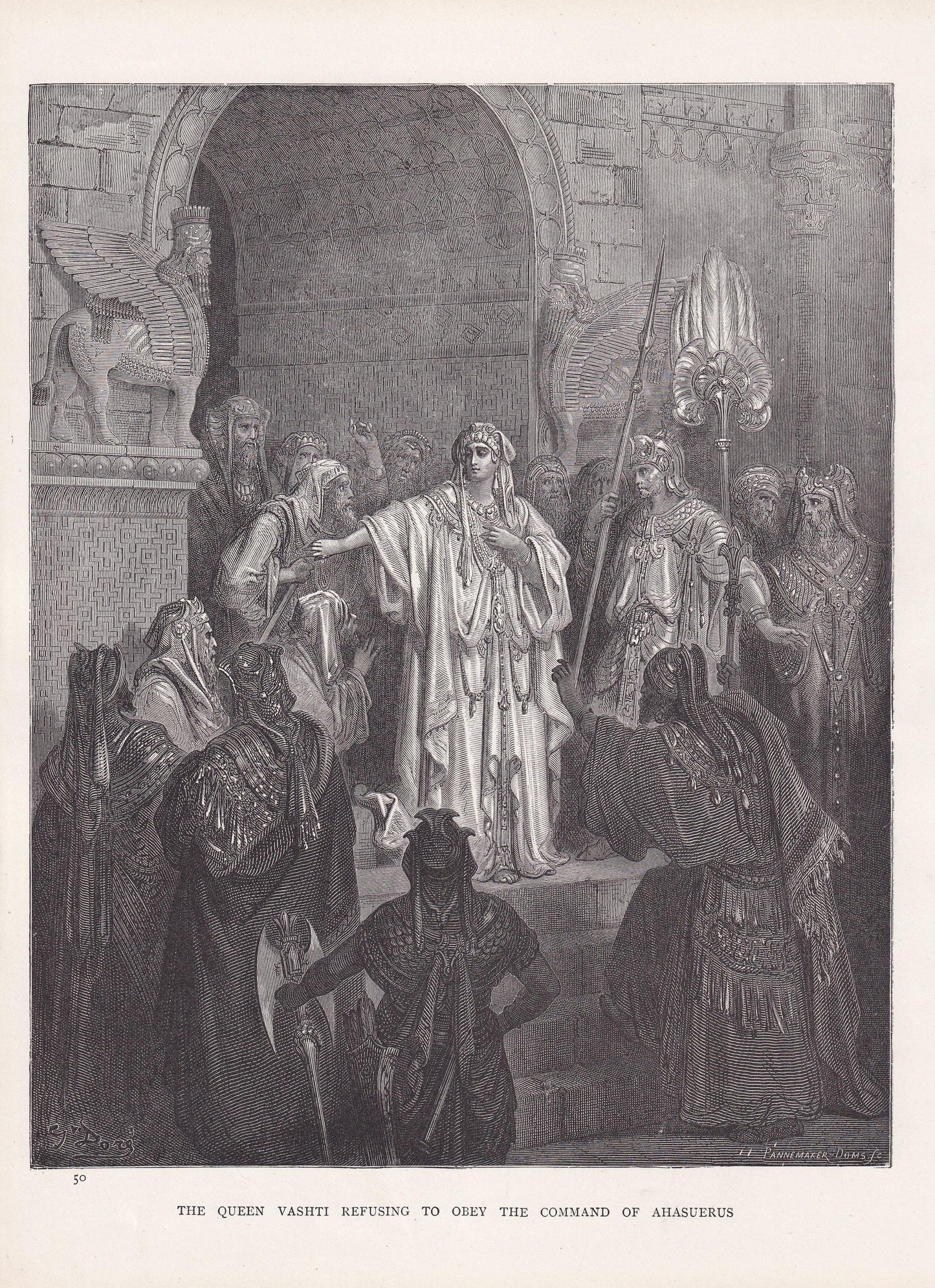 1870 GUSTAVE DORE Print - "The Queen Vashti Refusing to Obey the Command of "Ahasuerus" - Dore Wall Art - Dore Engraving - 8.