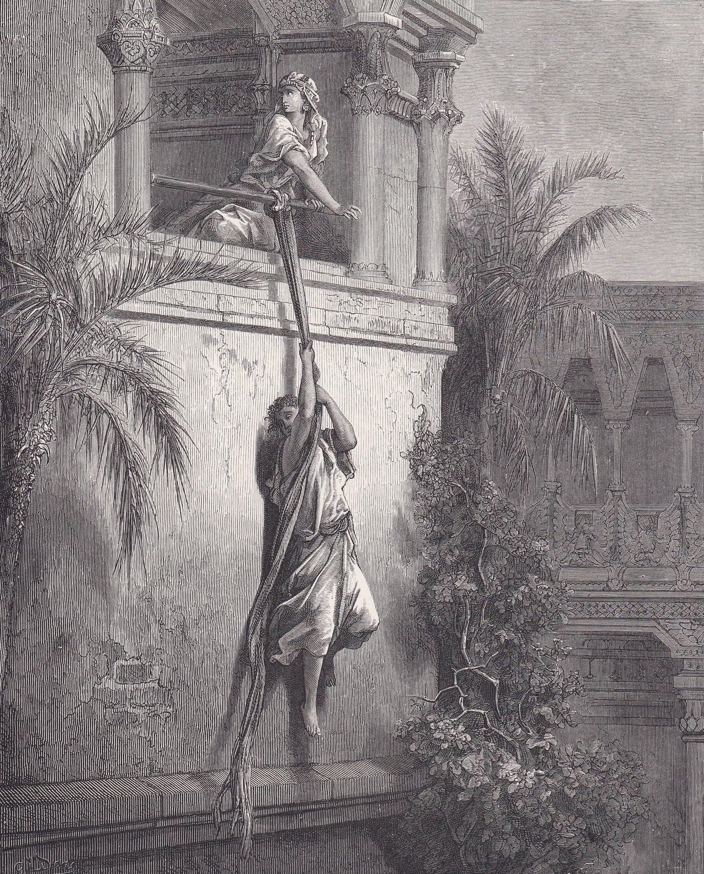 1870 GUSTAVE DORE Print - "The Escape of David Through the Window" - Dore Wall Art - Antique Dore Engraving - 8.5 x 12.2 Inch