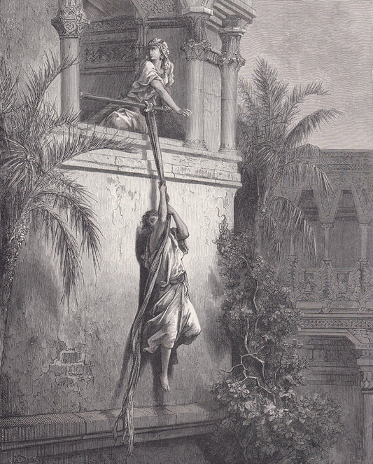 1870 GUSTAVE DORE Print - "The Escape of David Through the Window" - Dore Wall Art - Antique Dore Engraving - 8.5 x 12.2 Inch