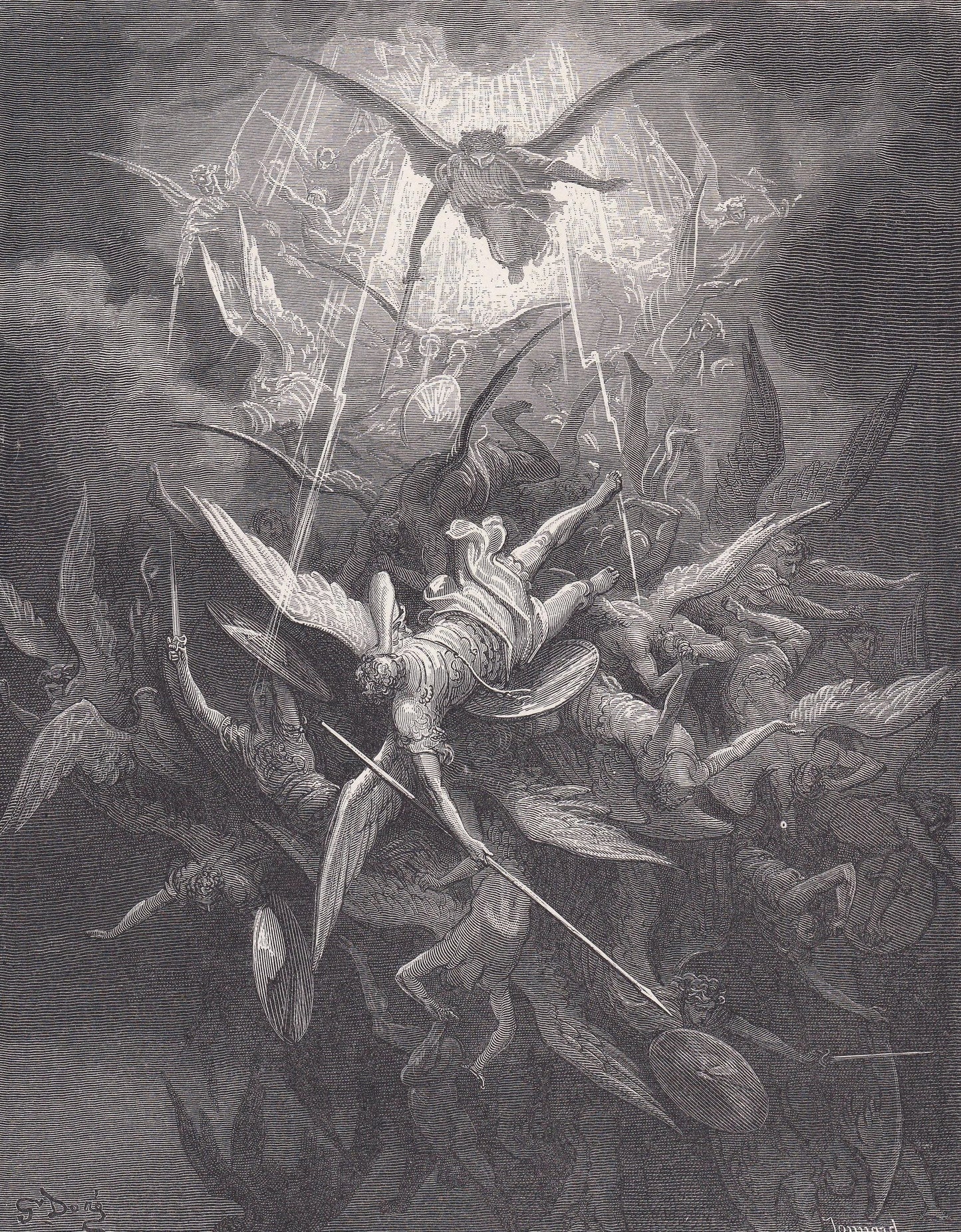 1870 GUSTAVE DORE Print - "The Fall of the Rebel Angels" - Dore Wall Art - Antique Dore Engraving - 8.5 x 12.8 Inches
