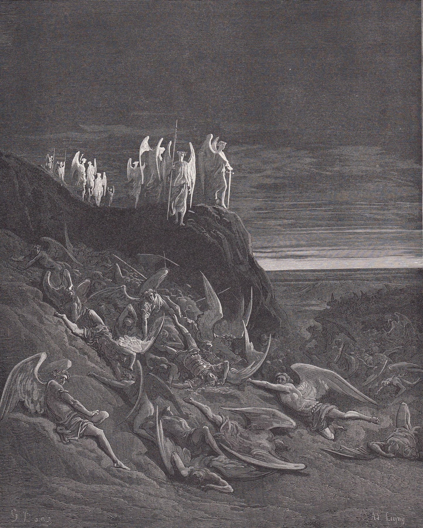 1870 GUSTAVE DORE Print - "The War in Heaven" - Dore Wall Art - Antique Dore Engraving - 8.5 x 12.2 Inches
