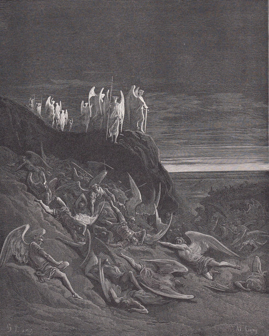 1870 GUSTAVE DORE Print - "The War in Heaven" - Dore Wall Art - Antique Dore Engraving - 8.5 x 12.2 Inches