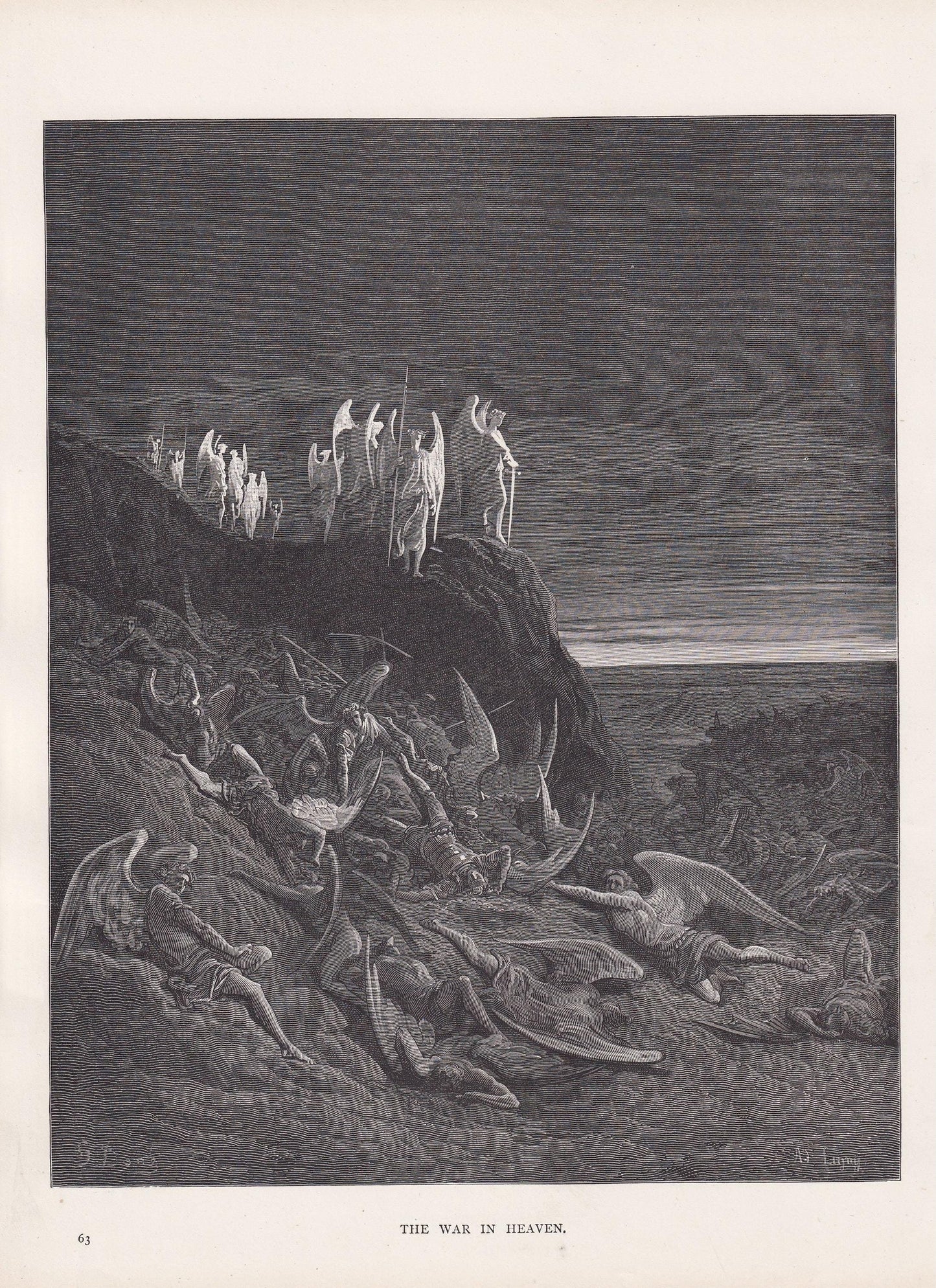 1870 GUSTAVE DORE Print - "The War in Heaven" - Dore Wall Art - Antique Dore Engraving - 8.5 x 12.2 Inches