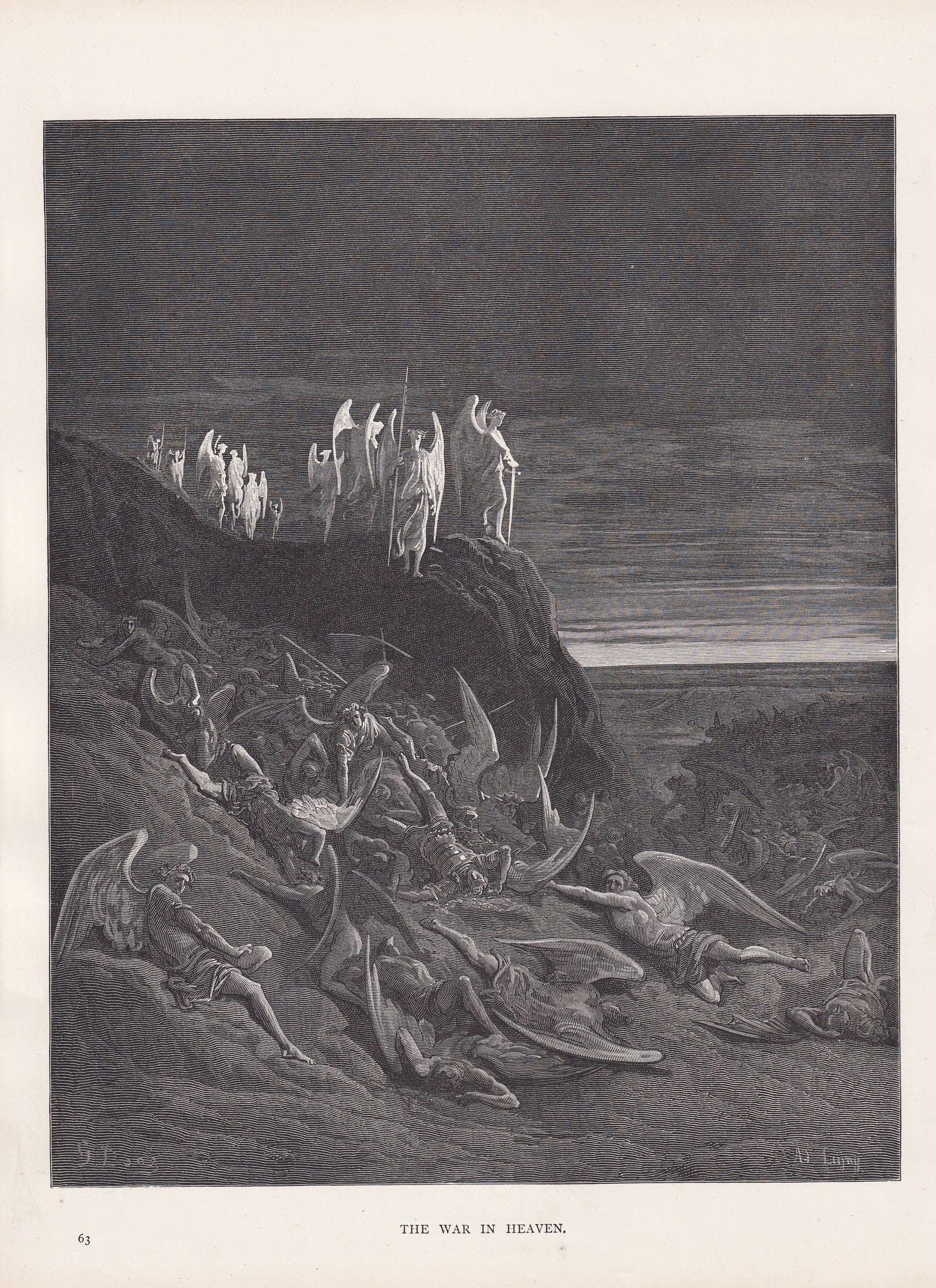 1870 GUSTAVE DORE Print - "The War in Heaven" - Dore Wall Art - Antique Dore Engraving - 8.5 x 12.2 Inches