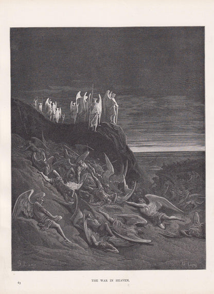 1870 GUSTAVE DORE Print - "The War in Heaven" - Dore Wall Art - Antique Dore Engraving - 8.5 x 12.2 Inches