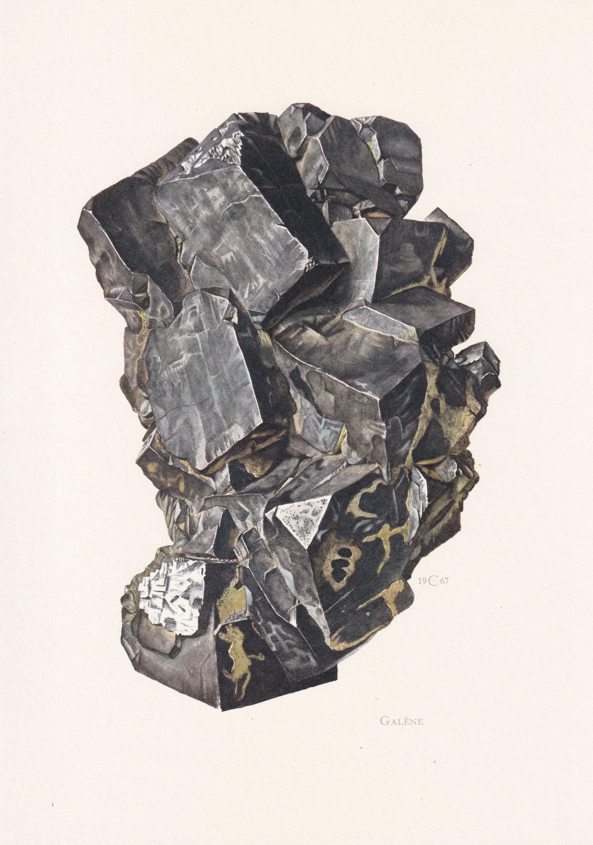 1968 GALENA Print - Mineral Wall Art Gift - Mineralogy Decor - Precious Stones - Vintage Rock Art - Element - 7.5 x 10.6 Inches